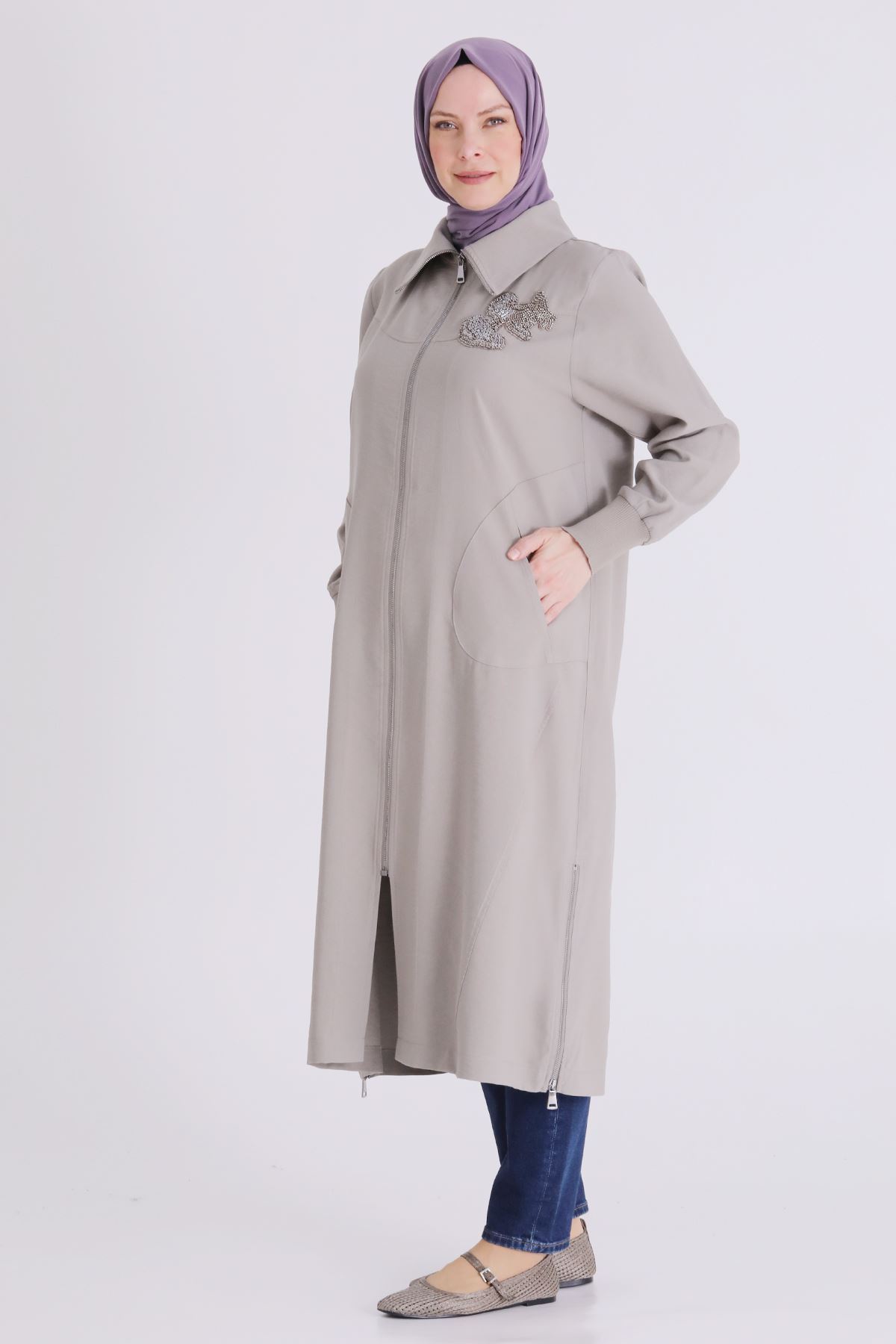 Behrem İşlemeli Fermuarlı Kap- LYN04446 Küf Yeşili