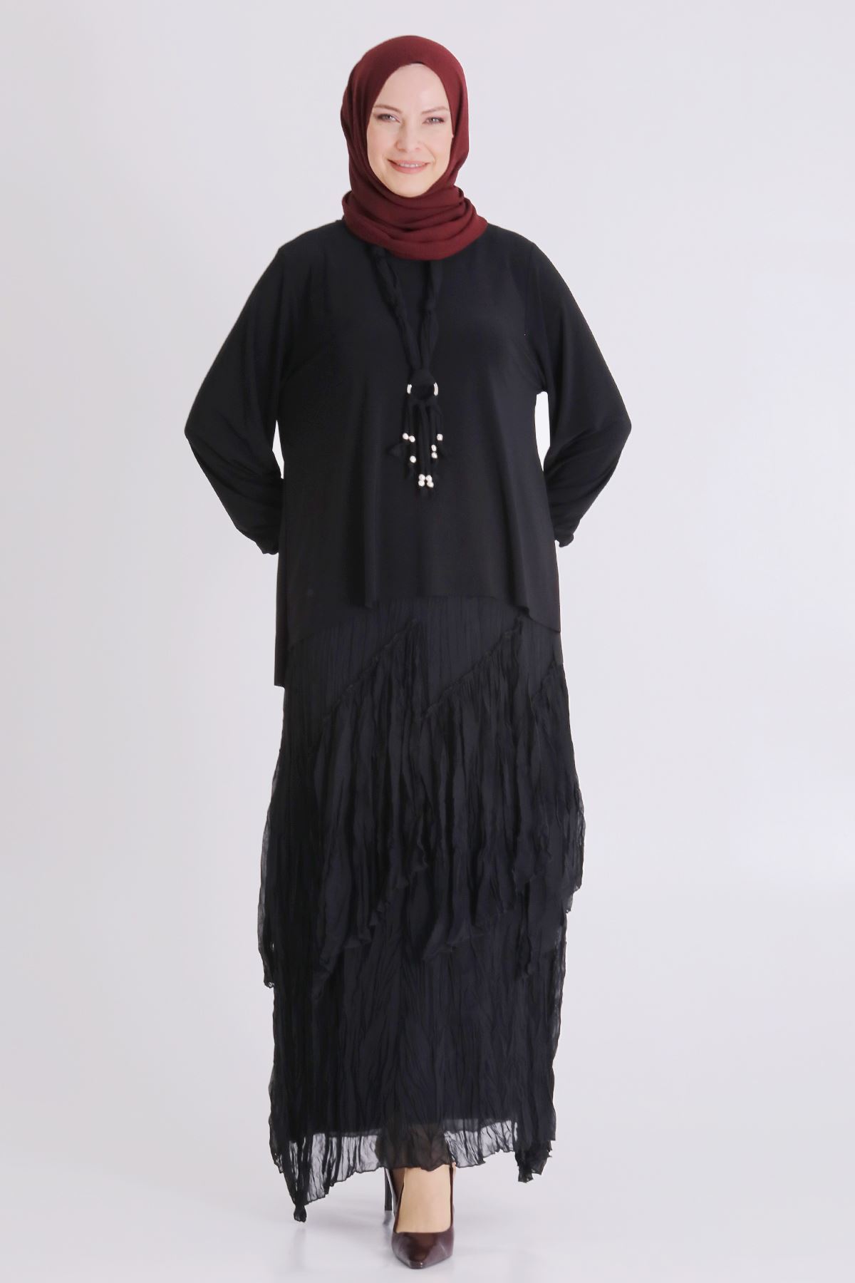 Behrem Kırıştırma Etekli Takım- LYN04451 Siyah