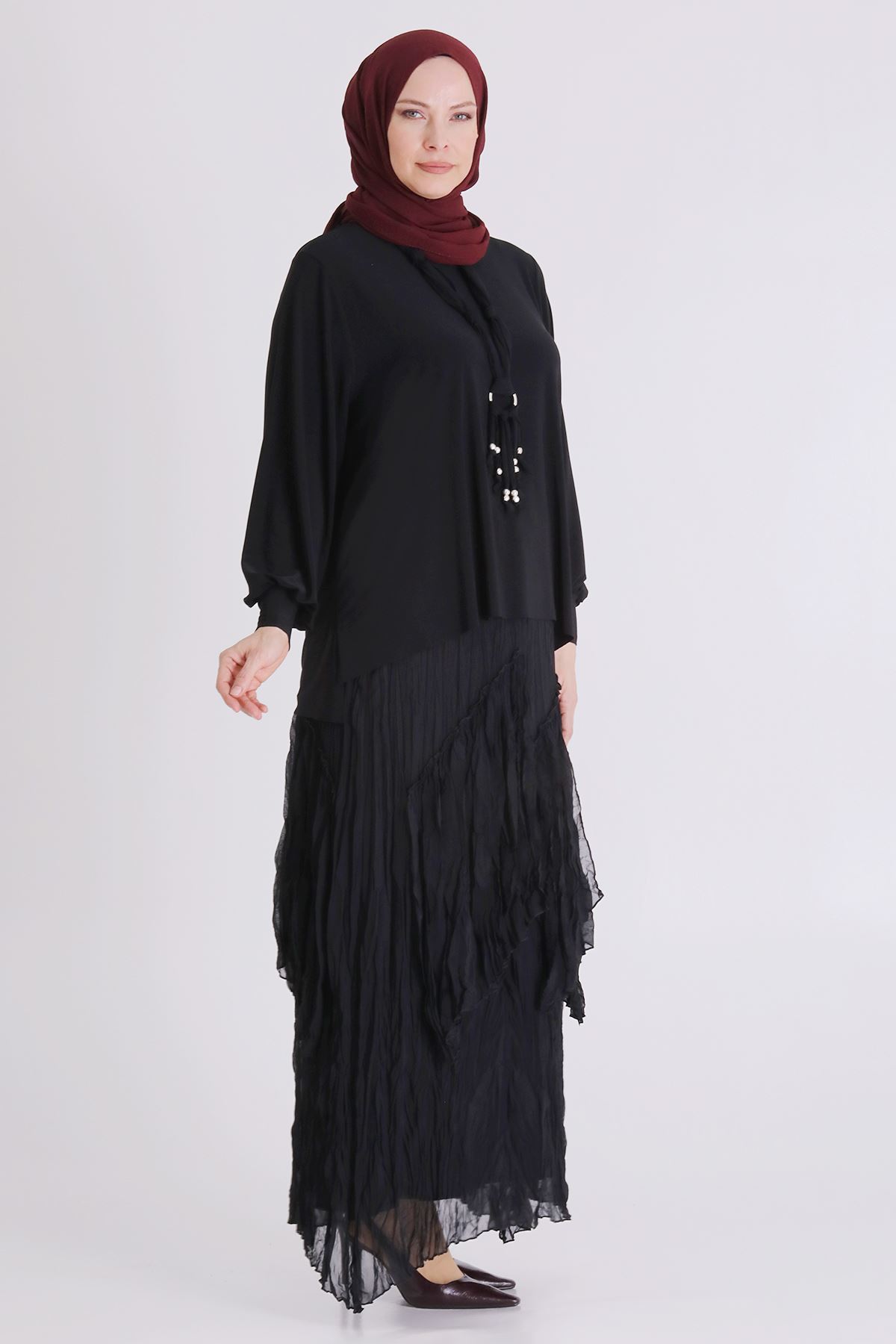 Behrem Kırıştırma Etekli Takım- LYN04451 Siyah