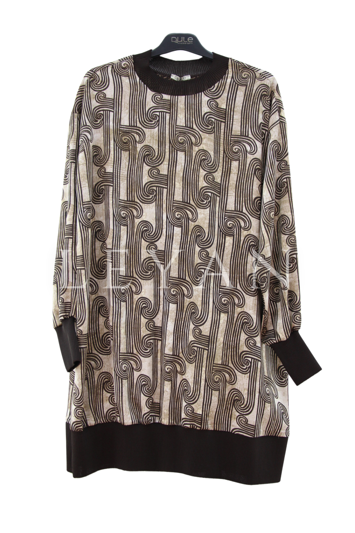 Dule Ribanalı Desenli Tunik- LYN04452 Kahve