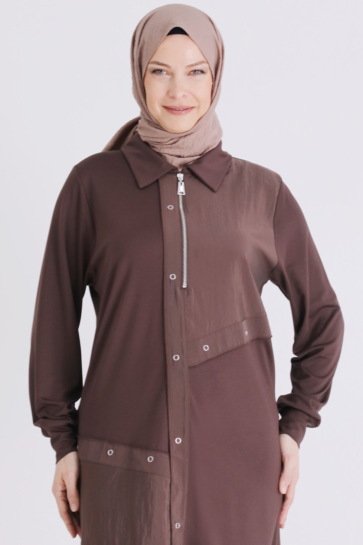 Behrem Paraşüt Detaylı Tunik- LYN04456 Kahve