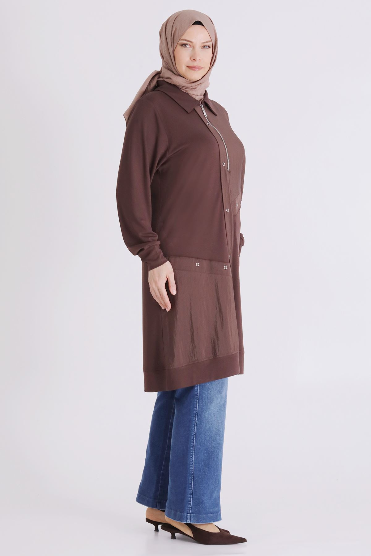 Behrem Paraşüt Detaylı Tunik- LYN04456 Kahve