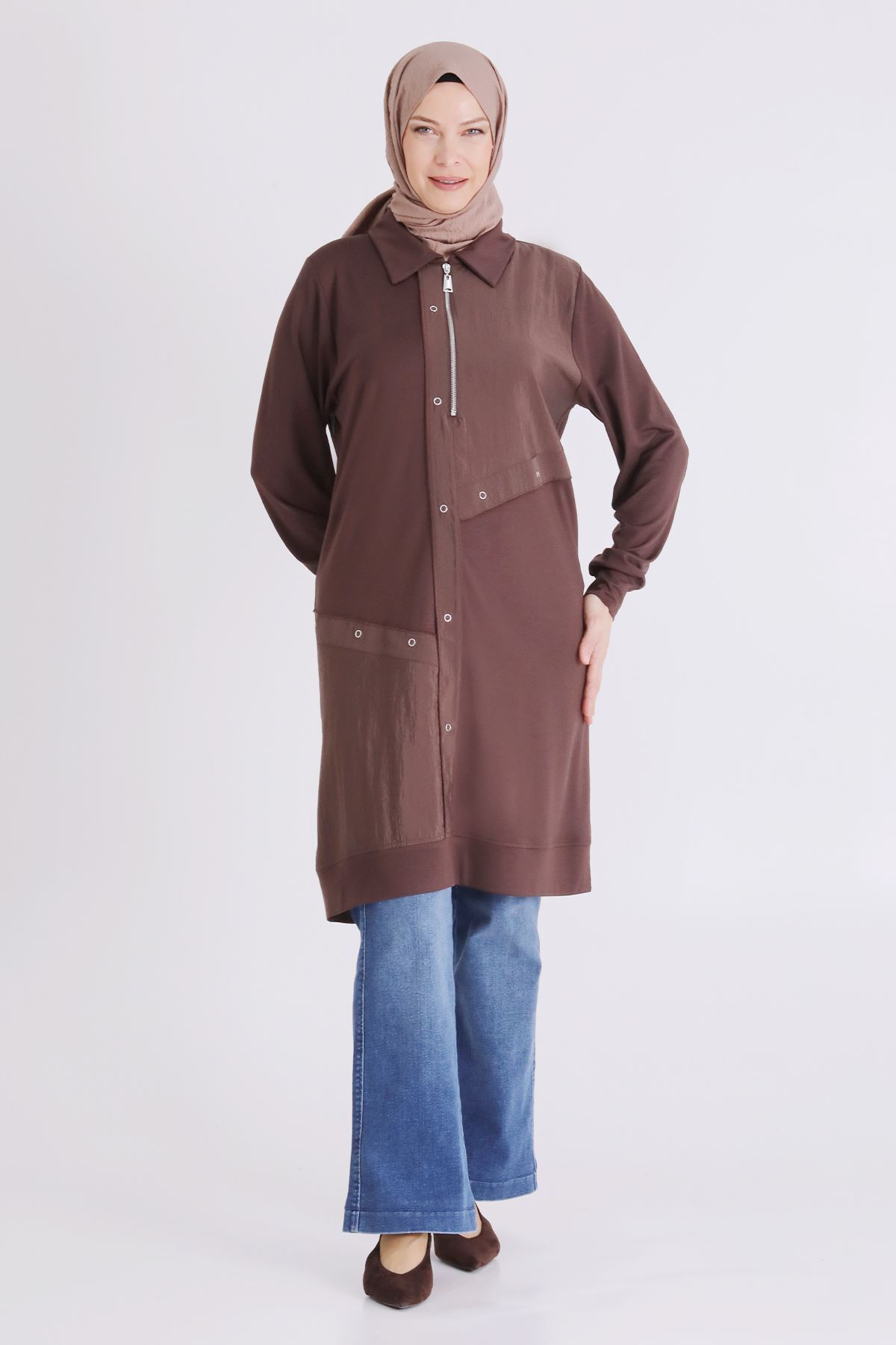 Behrem Paraşüt Detaylı Tunik- LYN04456 Kahve