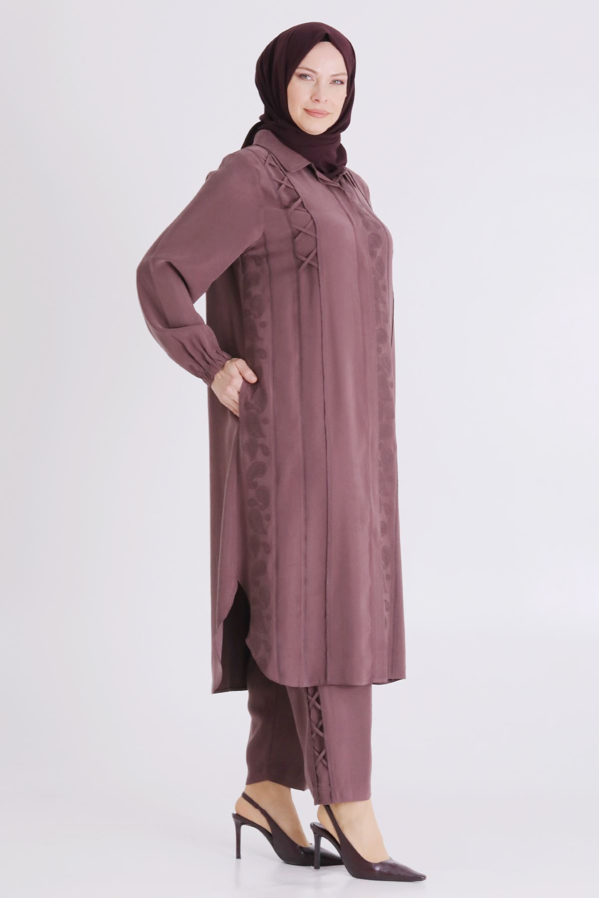 Behrem Nakışlı Takım-  LYN04390 Gül Kurusu