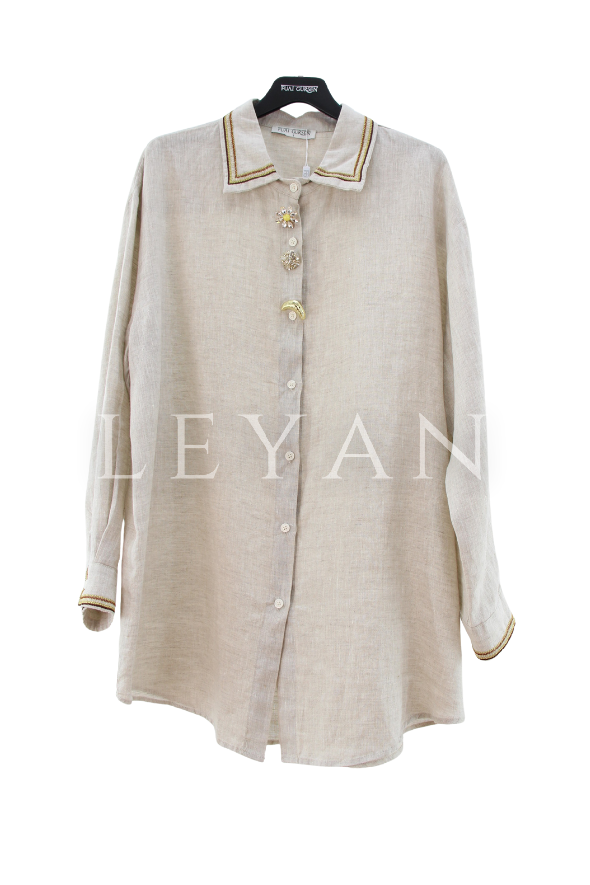 Fuat Gürşen Yakası Nakışlı Broşlu Gömlek- LYN04462 Bej