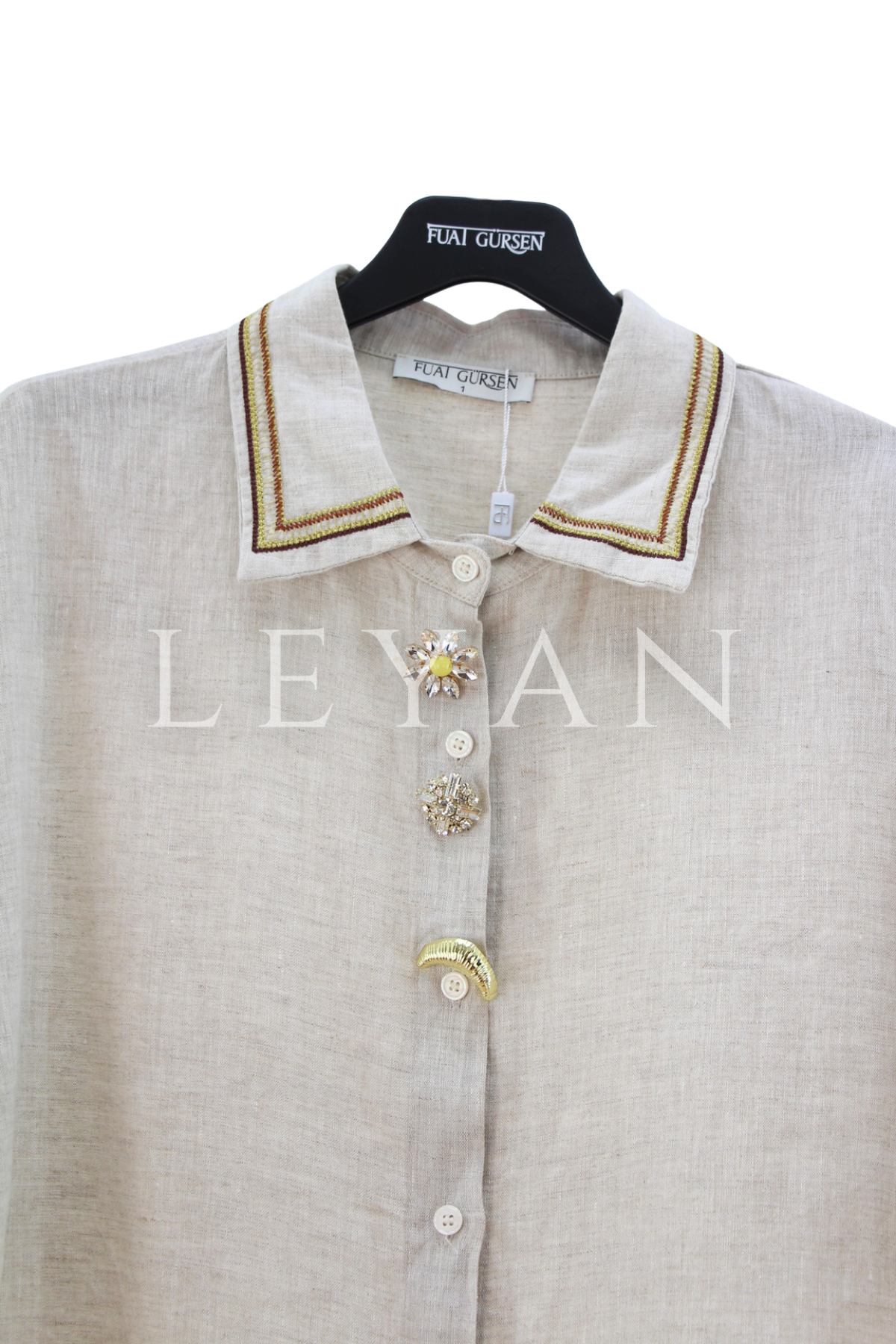 Fuat Gürşen Yakası Nakışlı Broşlu Gömlek- LYN04462 Bej