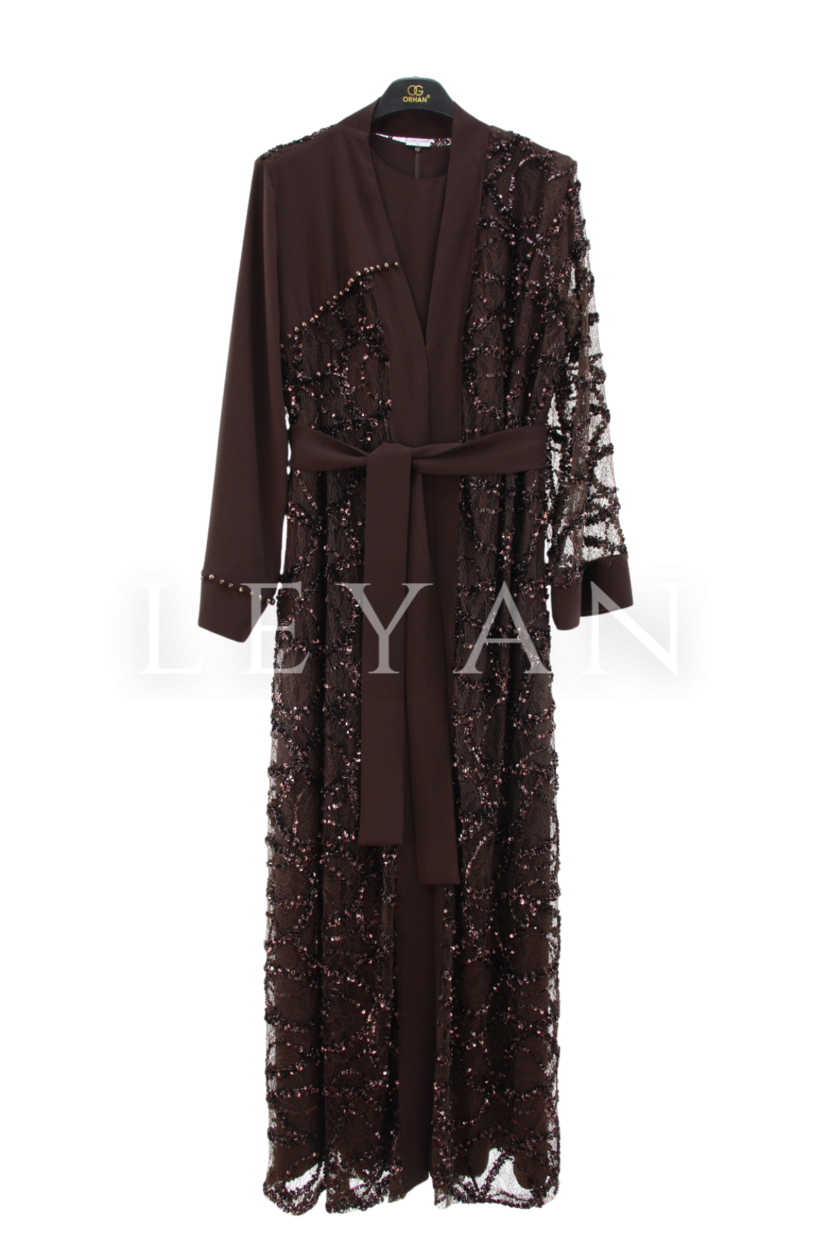 Orhan Store İşlemeli Abaya Takım- LYN04469 Kahve