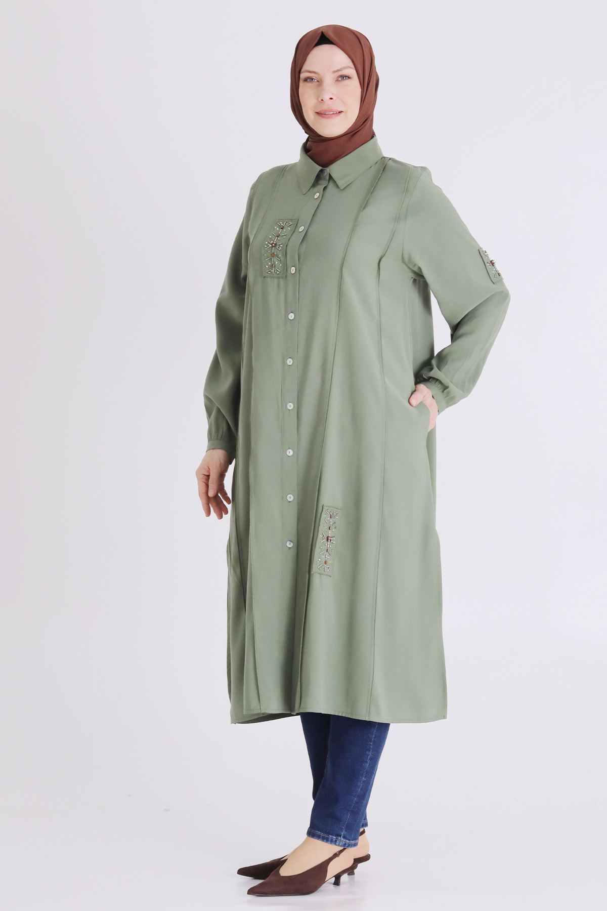 Behrem İşlemeli Tunik - LYN04406 Yeşil