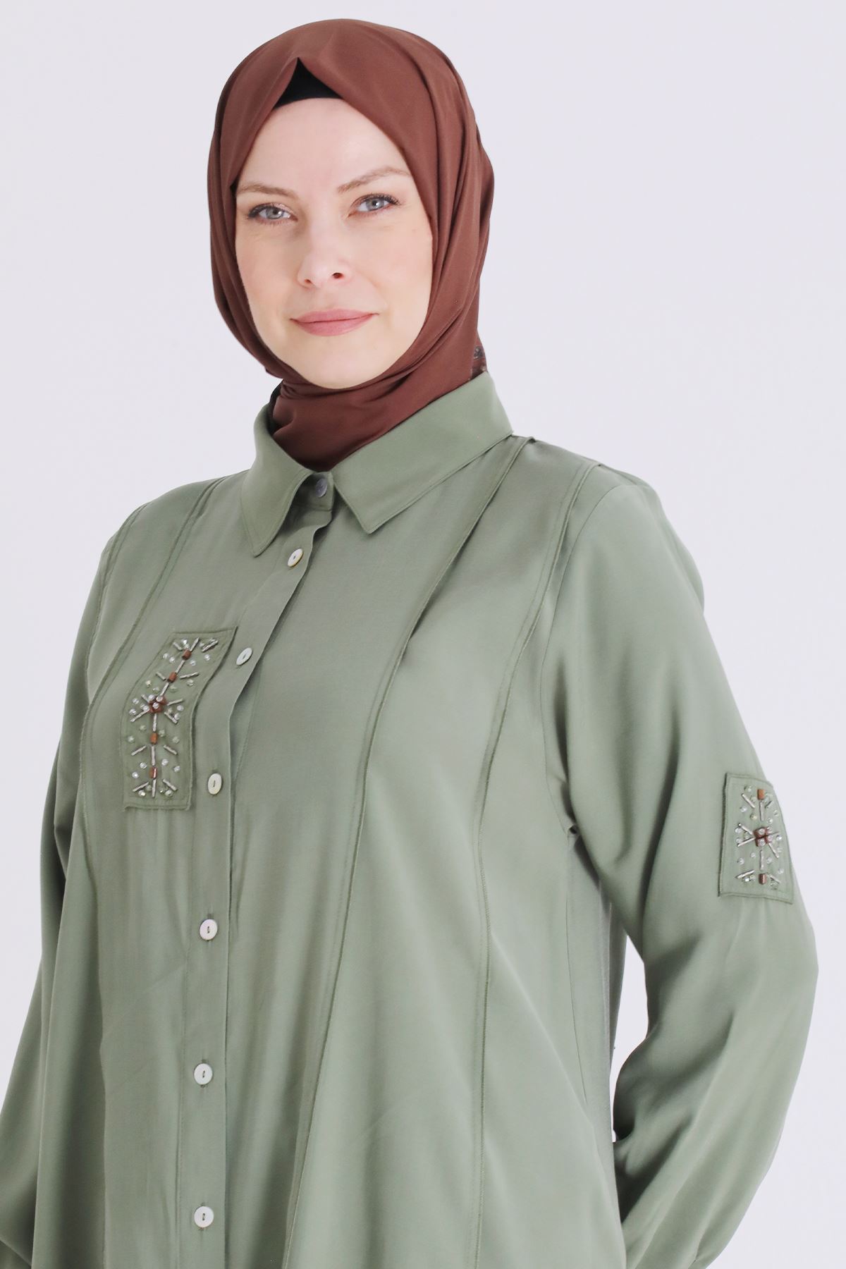 Behrem İşlemeli Tunik - LYN04406 Yeşil