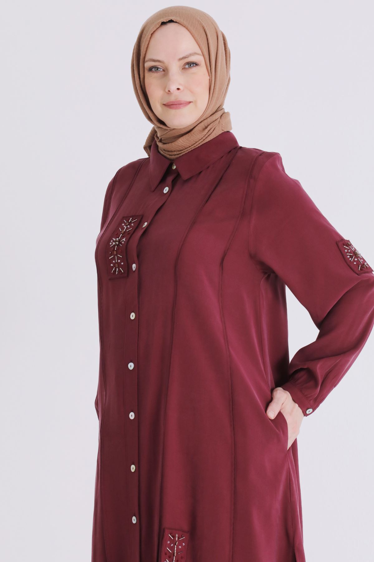 Behrem İşlemeli Tunik - LYN04406 Bordo