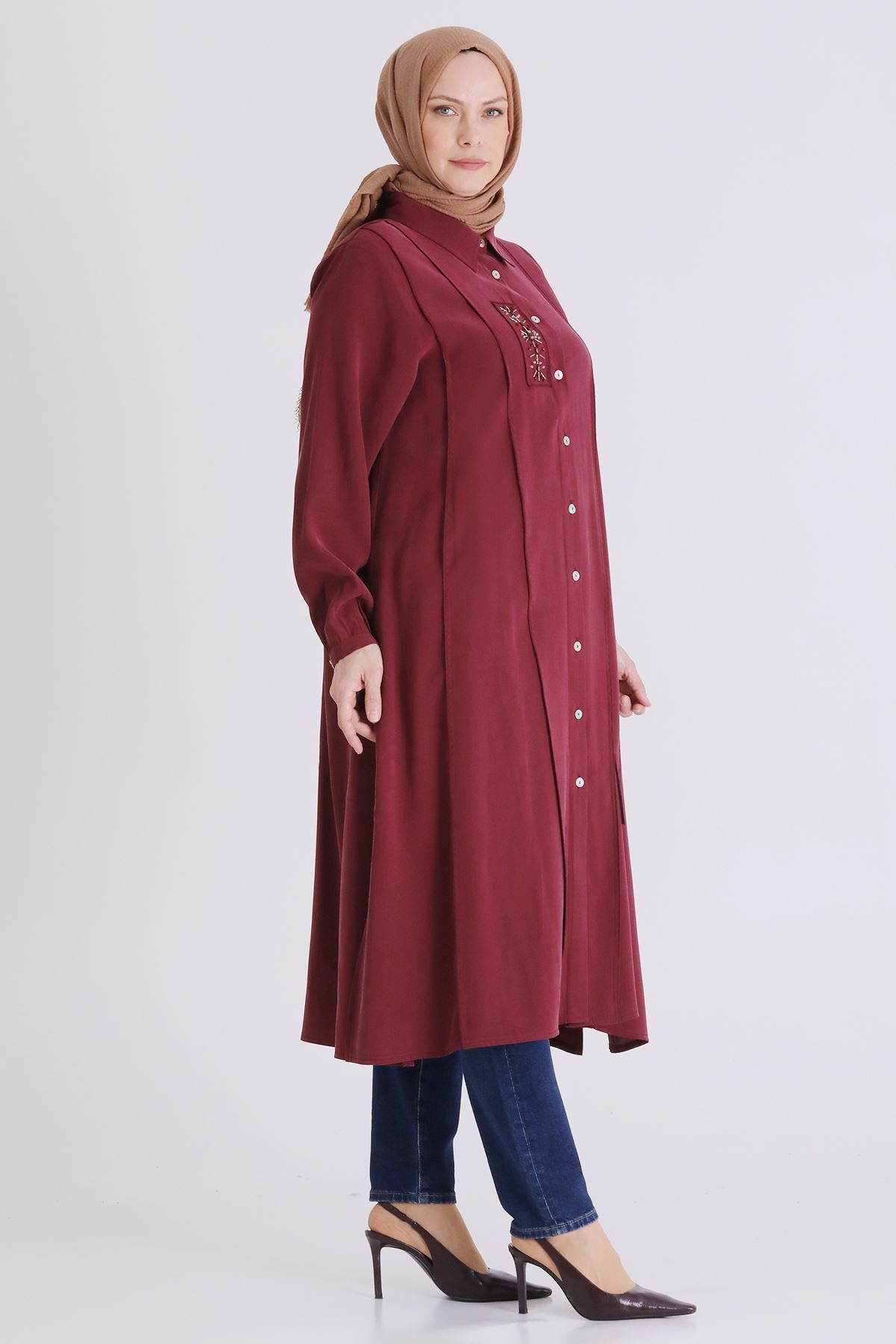 Behrem İşlemeli Tunik - LYN04406 Bordo