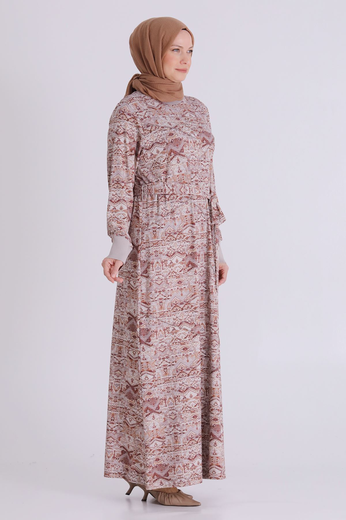 Behrem Desenli Elbise- LYN04482 Sütlü Kahve