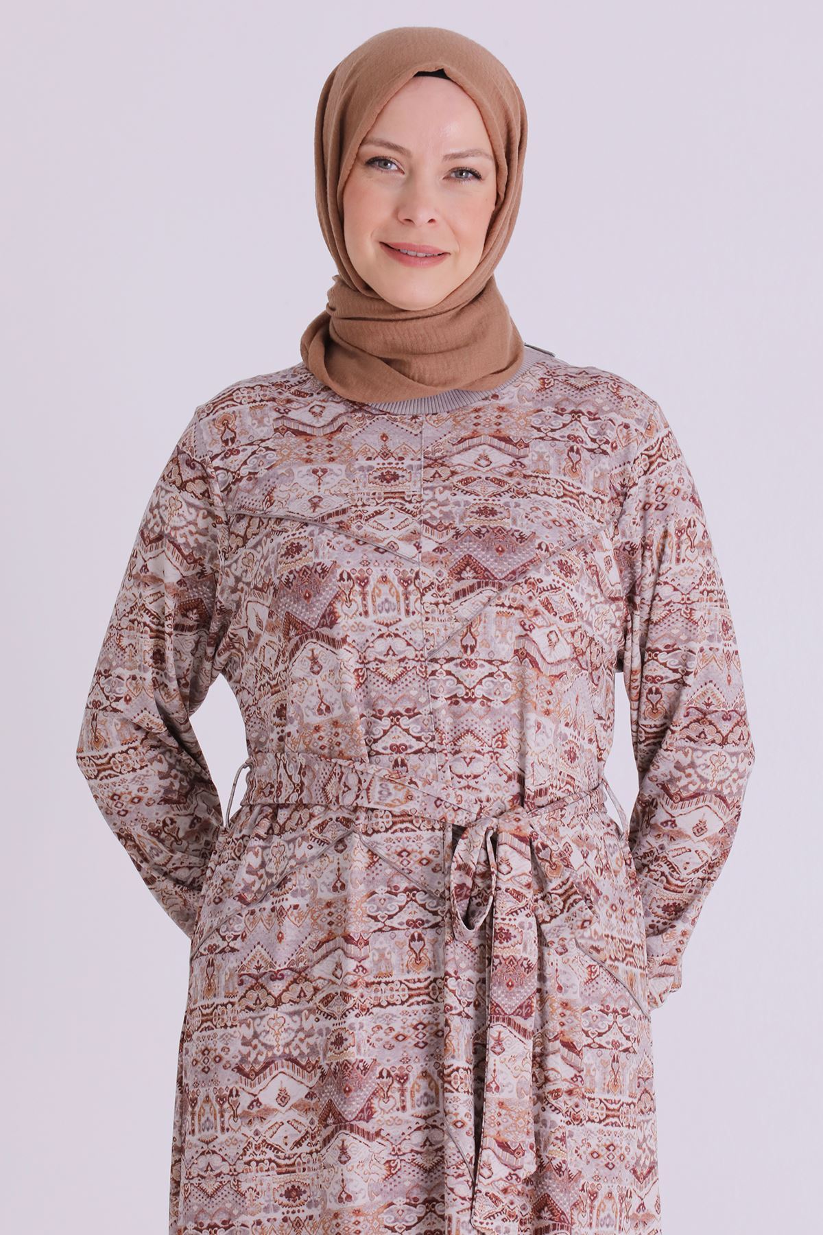 Behrem Desenli Elbise- LYN04482 Sütlü Kahve