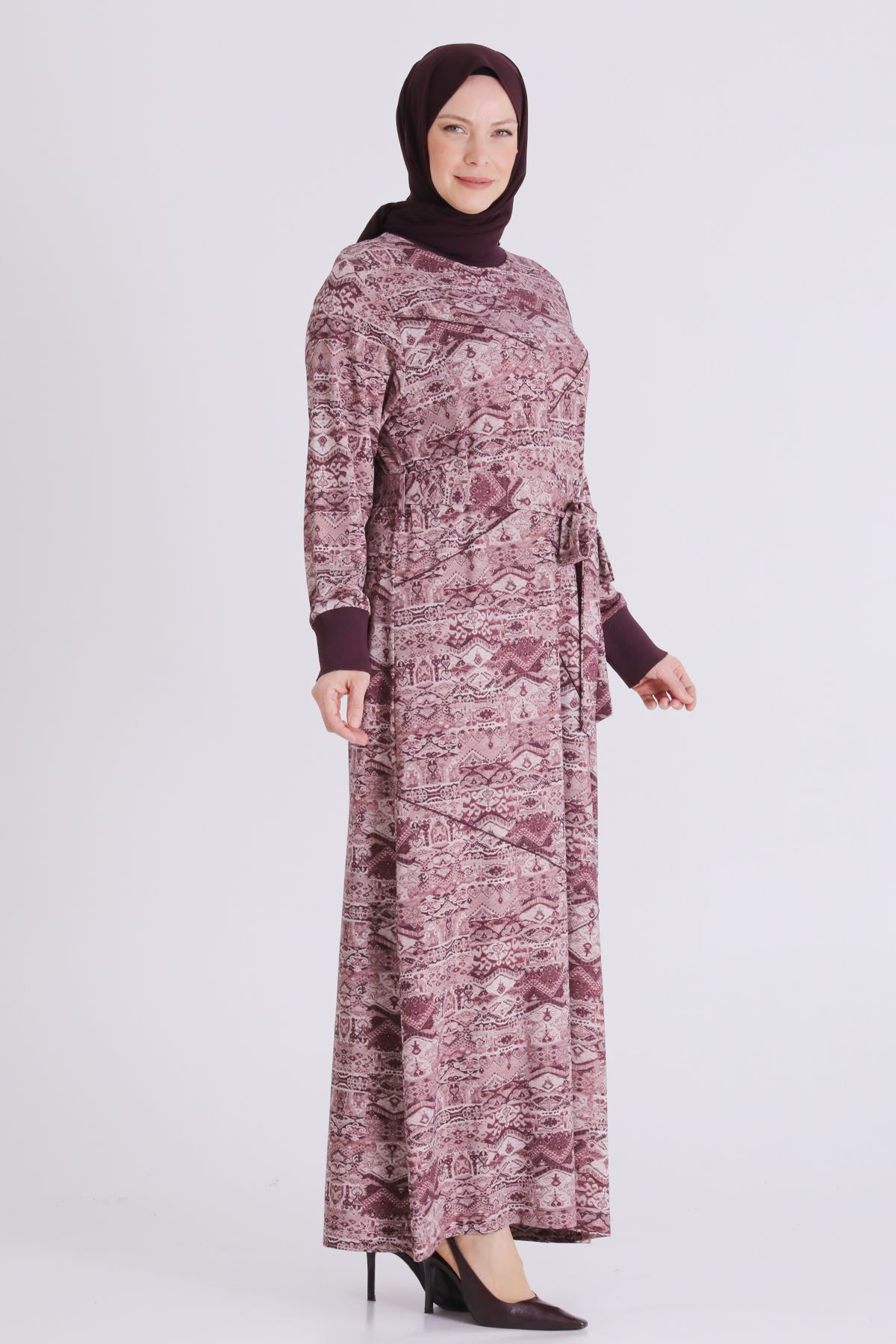 Behrem Desenli Elbise- LYN04482 Vişne