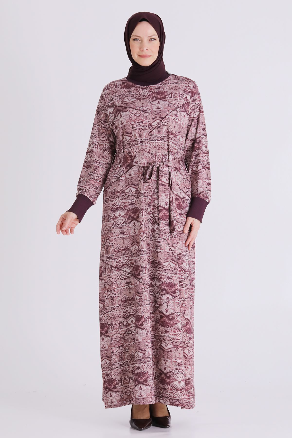 Behrem Desenli Elbise- LYN04482 Vişne