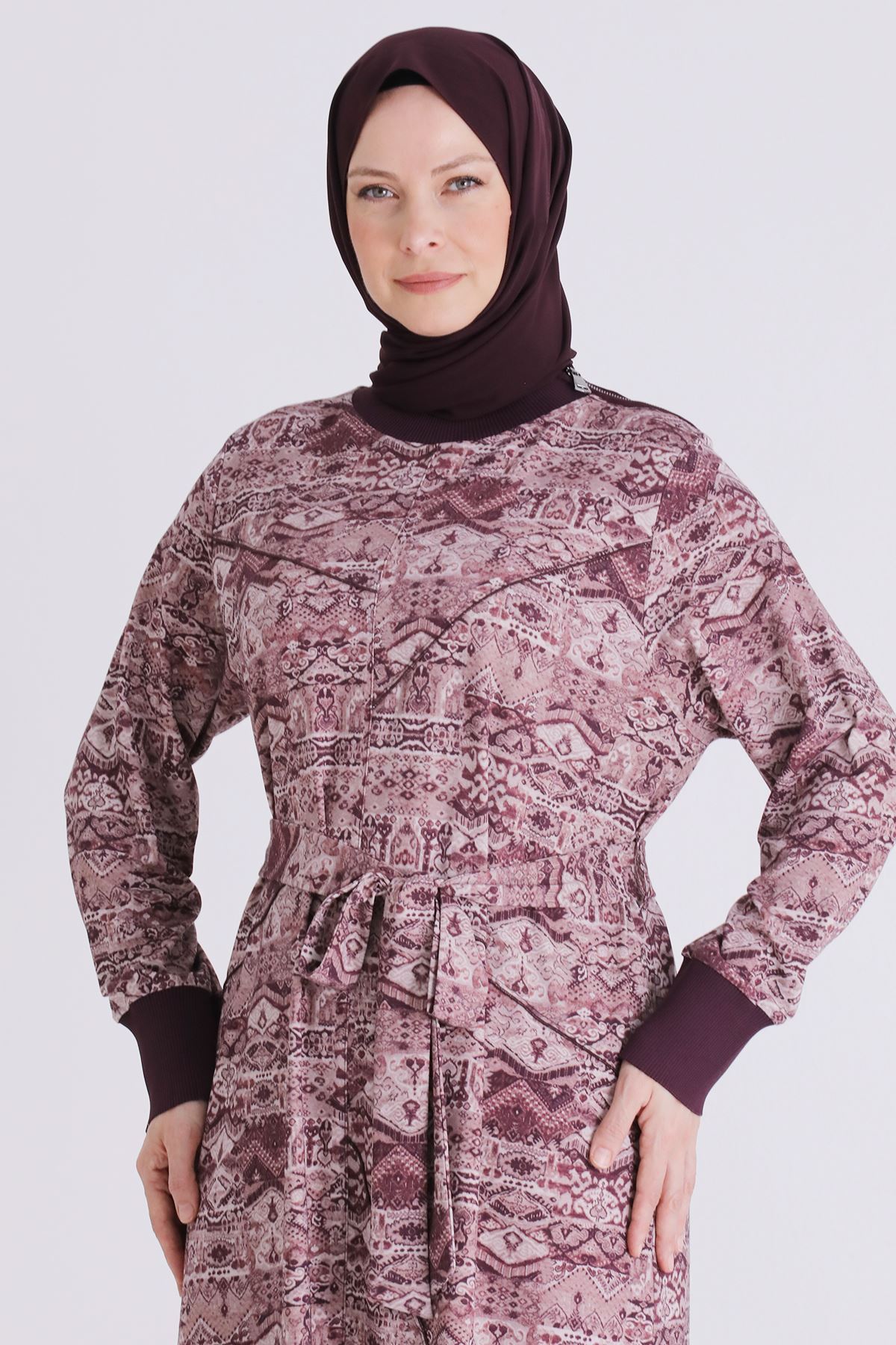 Behrem Desenli Elbise- LYN04482 Vişne