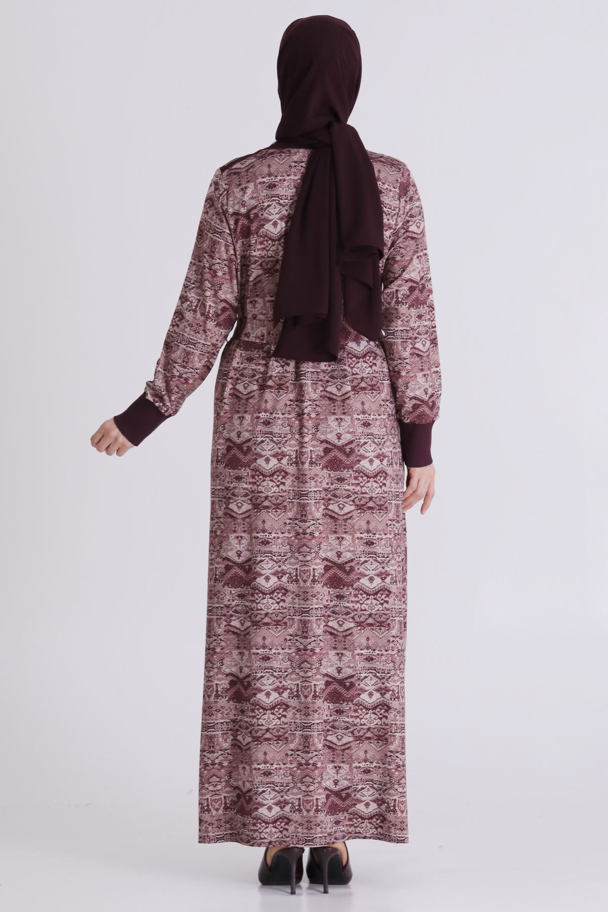 Behrem Desenli Elbise- LYN04482 Vişne