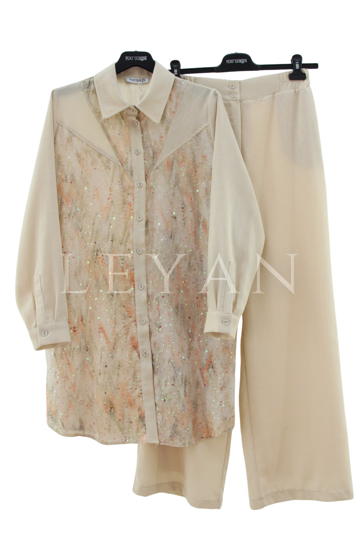 Fuat Gürşen Boncuk İşlemeli Takım- LYN04495 Bej