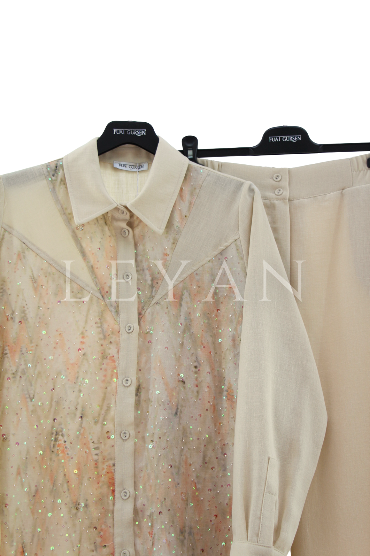 Fuat Gürşen Boncuk İşlemeli Takım- LYN04495 Bej