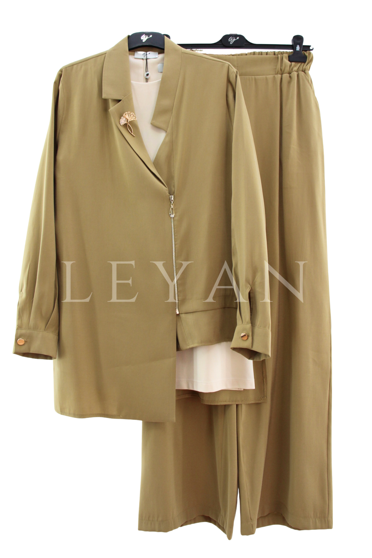 Tığ Triko Asimetrik Kesim Broş Detaylı Takım- LYN04496 Olive