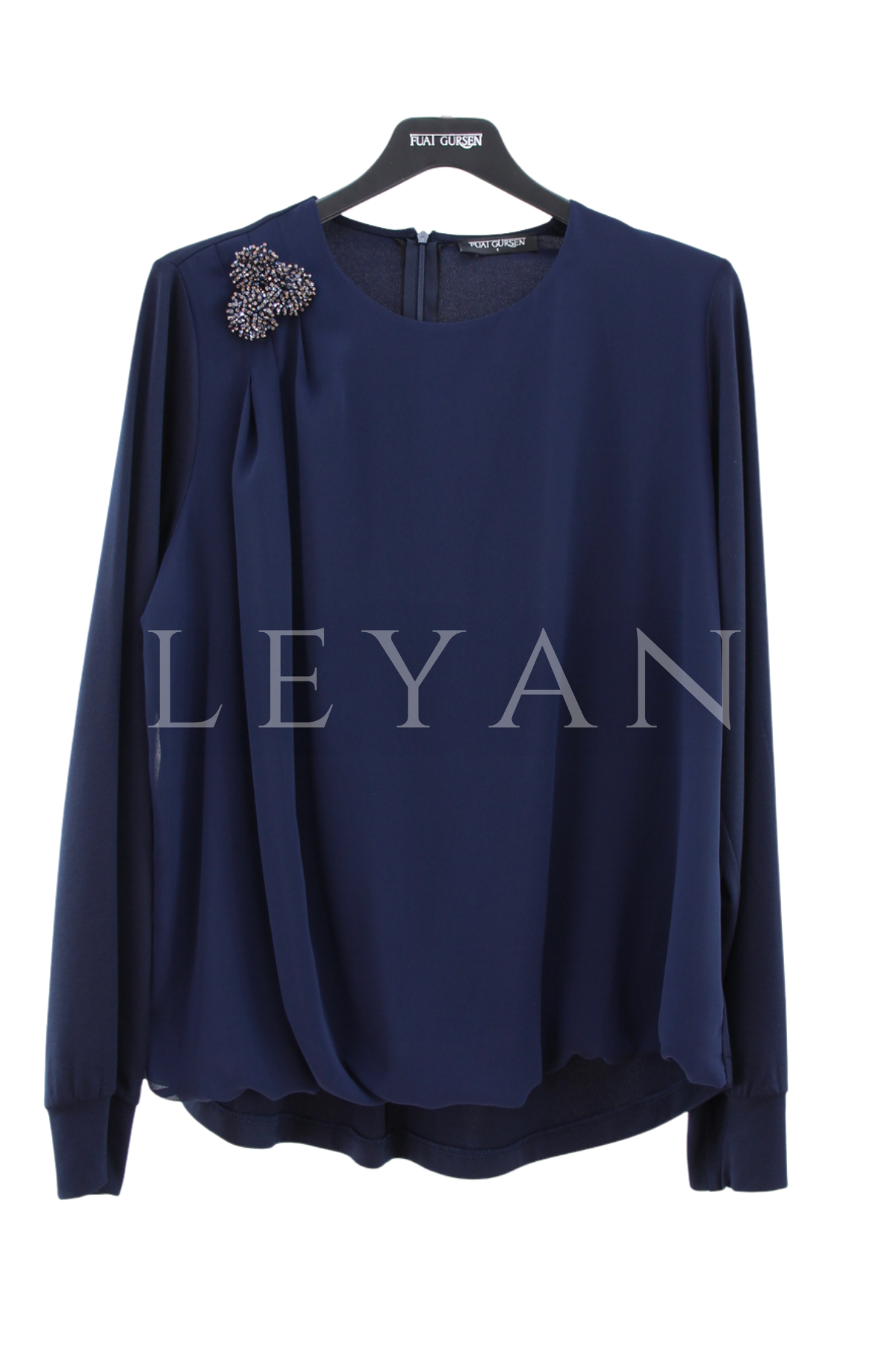 Fuat Gürşen Broşlu Şifonlu Bluz- LYN04501 Lacivert