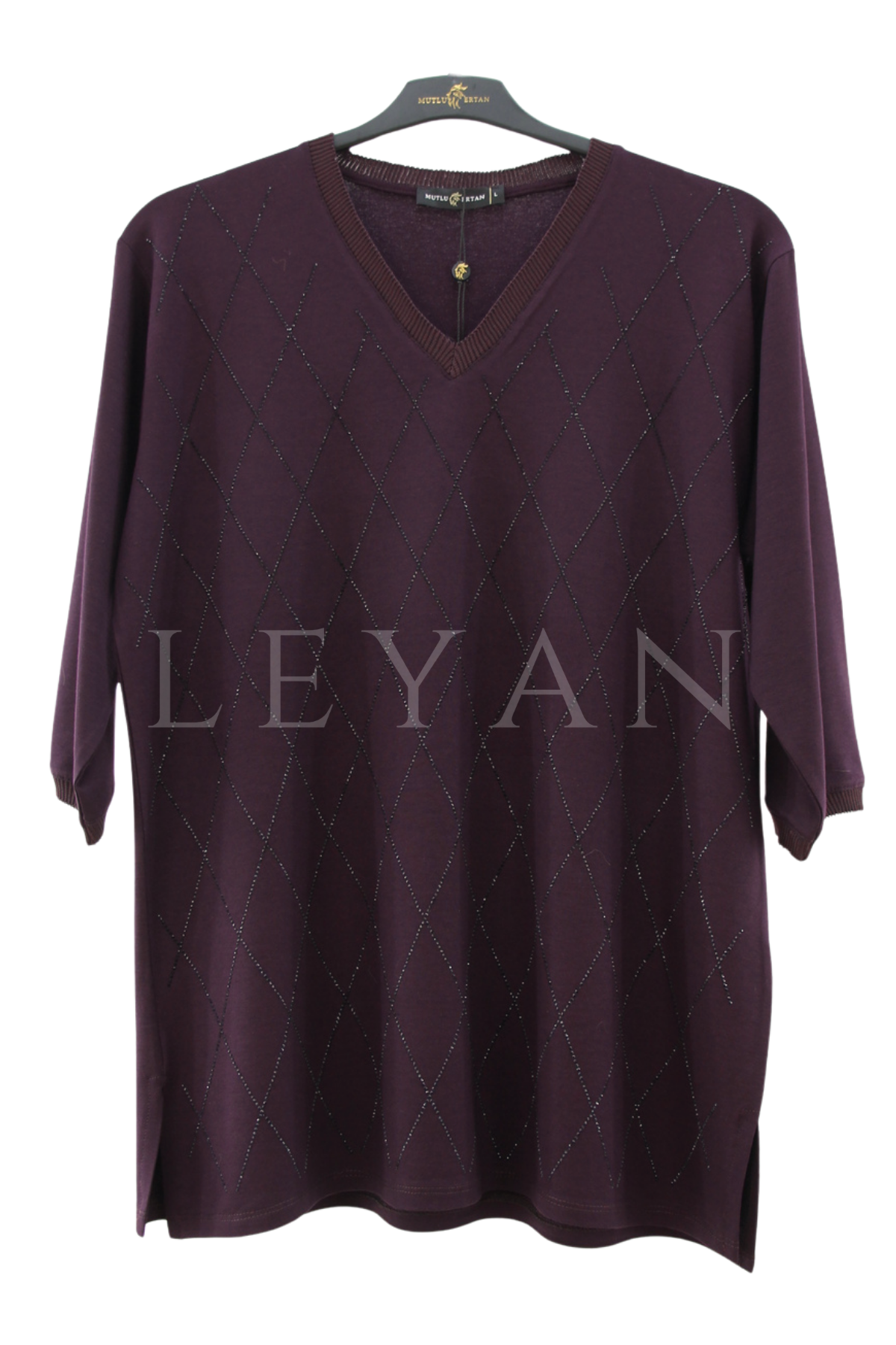 Mutlu Ertan Kapri Kol Baklava Taşlı Bluz- LYN04522 Mürdüm