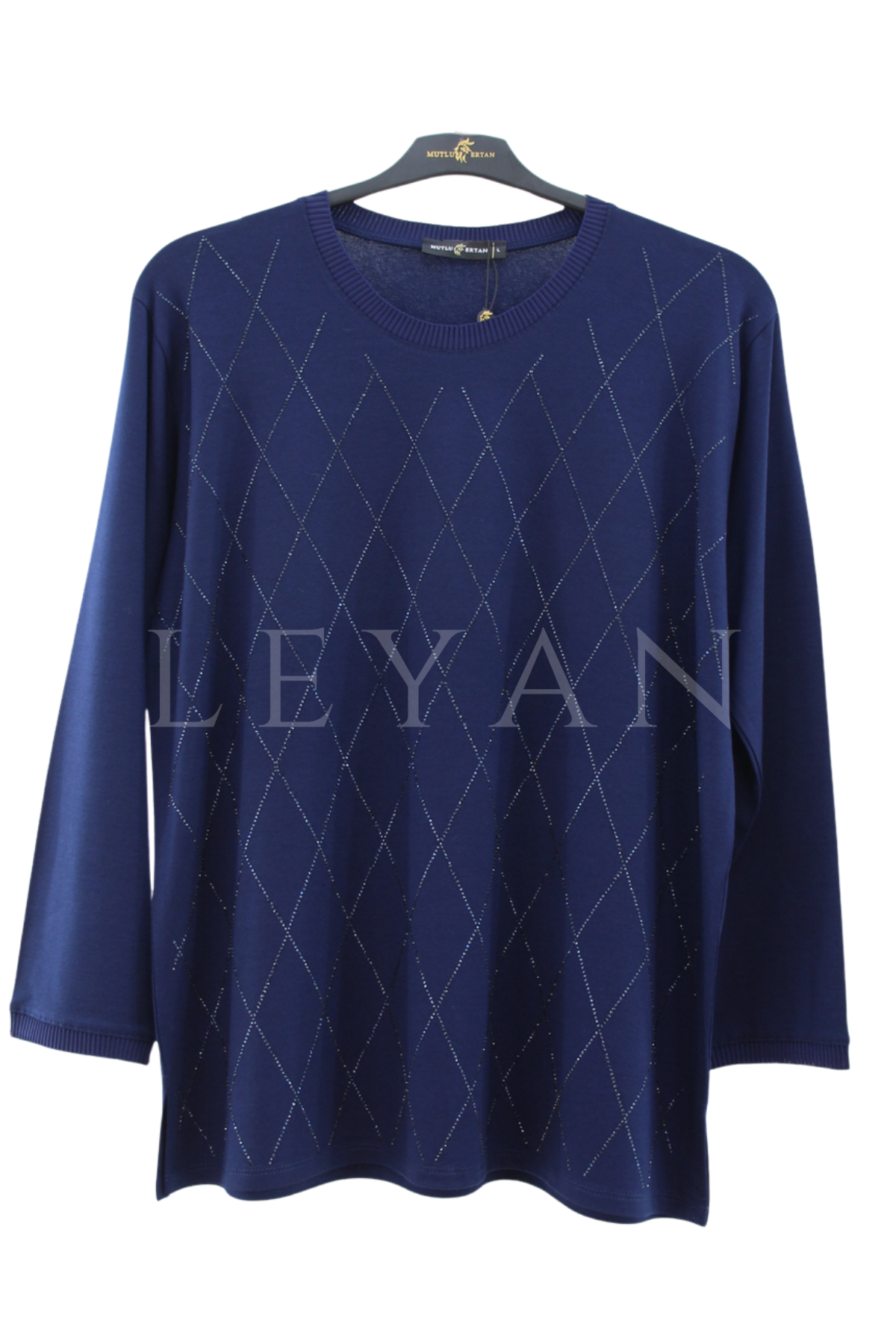 Mutlu Ertan Uzun Kollu Baklava Taşlı Bluz- LYN04525 Lacivert