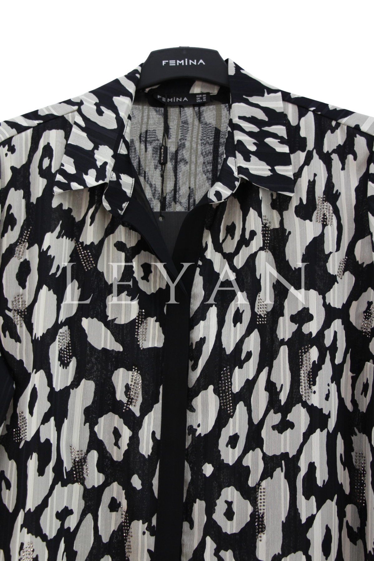 Femina Leopar Taşlı Şifon Gömlek-LYN04554 Siyah