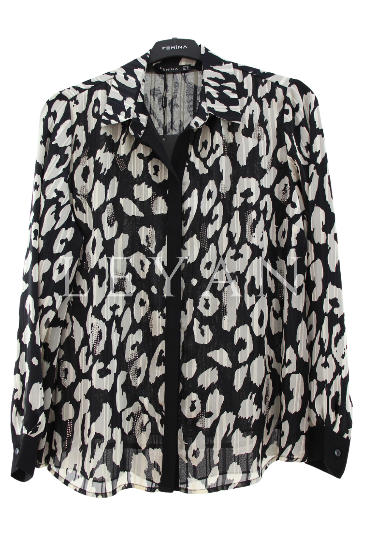 Femina Leopar Taşlı Şifon Gömlek-LYN04554 Siyah