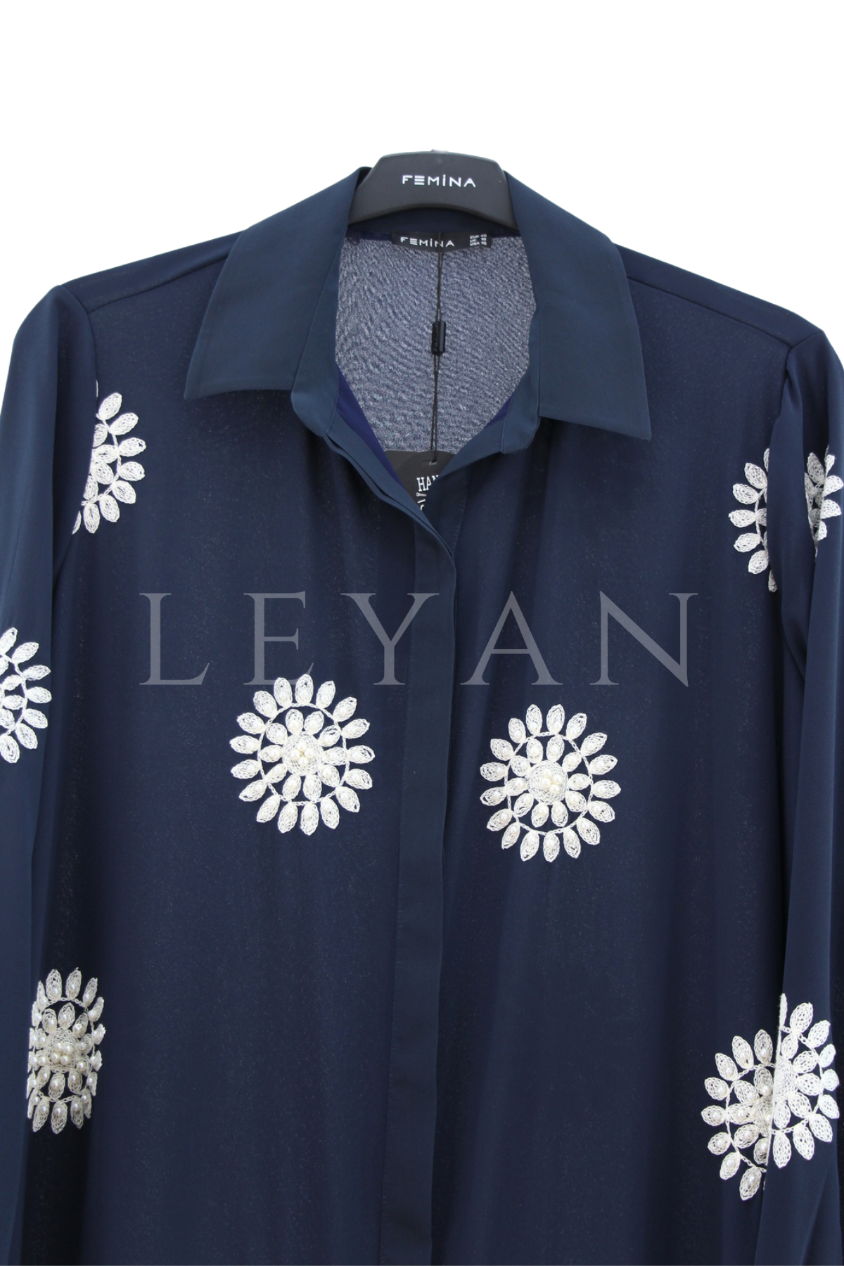 Femina Çiçek İşlemeli İncili Gömlek- LYN04559 Lacivert