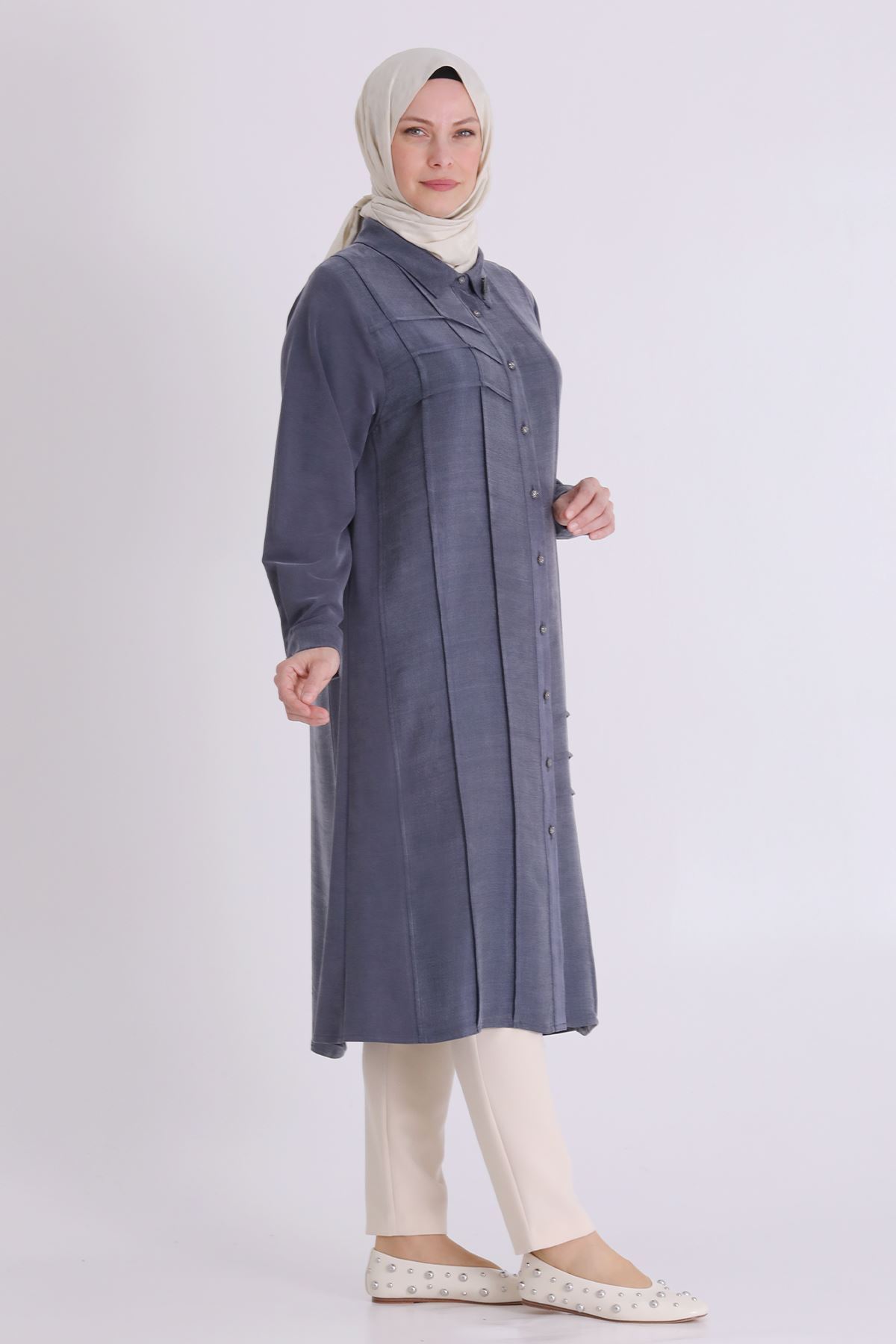 Behrem Nervürlü Qupra Tunik- LYN04563 Lacivert