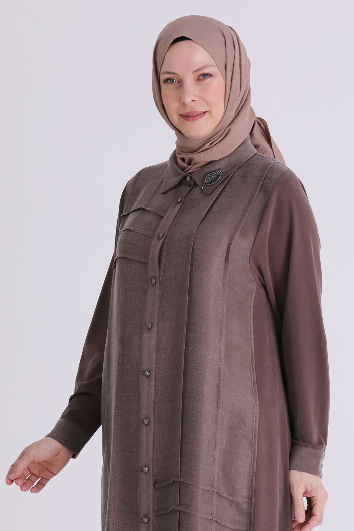 Behrem Nervürlü Qupra Tunik- LYN04563 Kahve