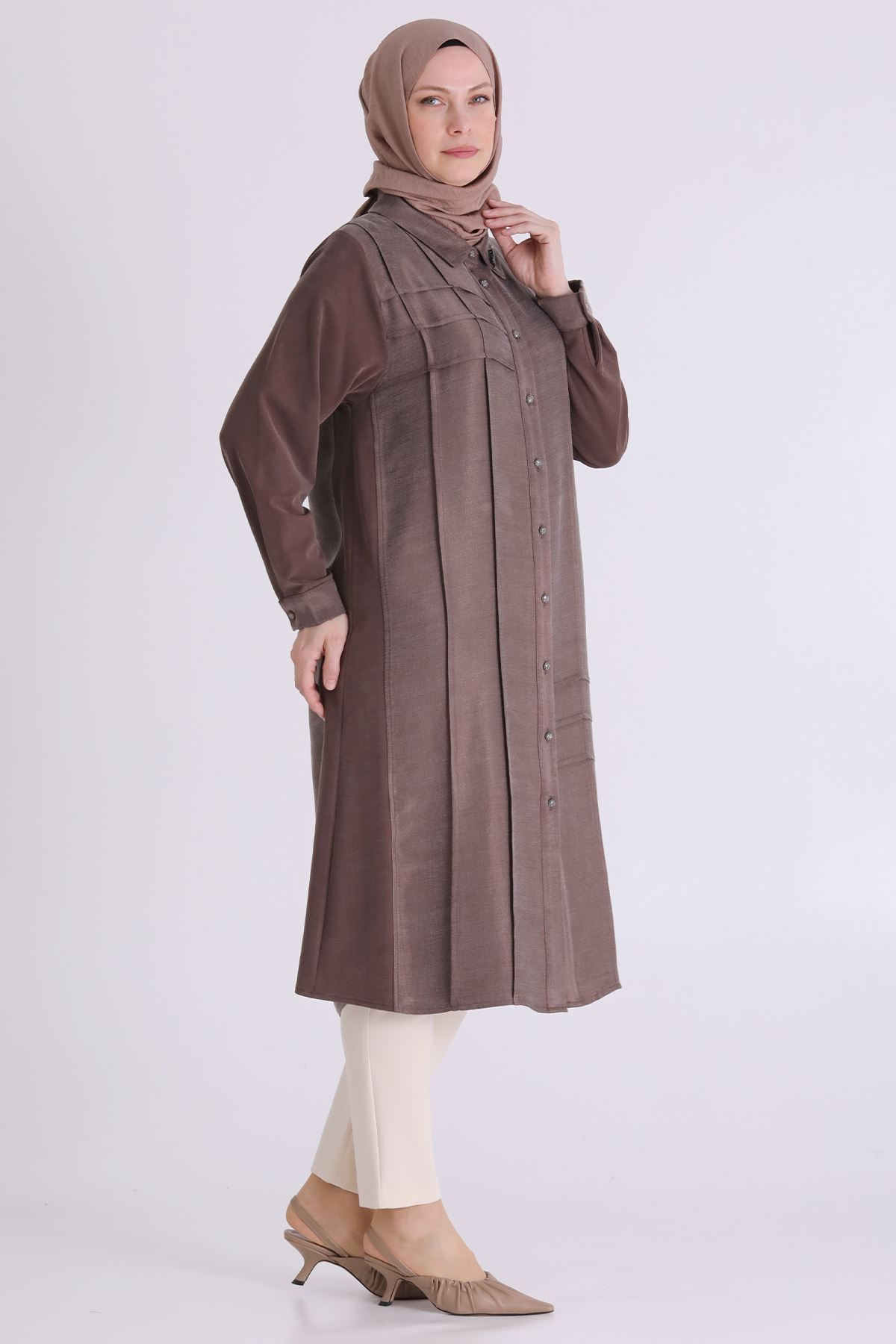 Behrem Nervürlü Qupra Tunik- LYN04563 Kahve