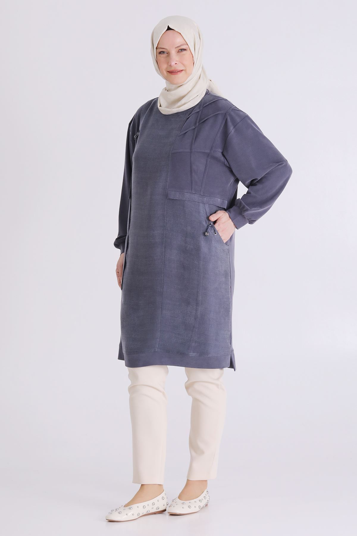 Behrem Cep Ve Nervür Detaylı Tunik- LYN04564 Lacivert