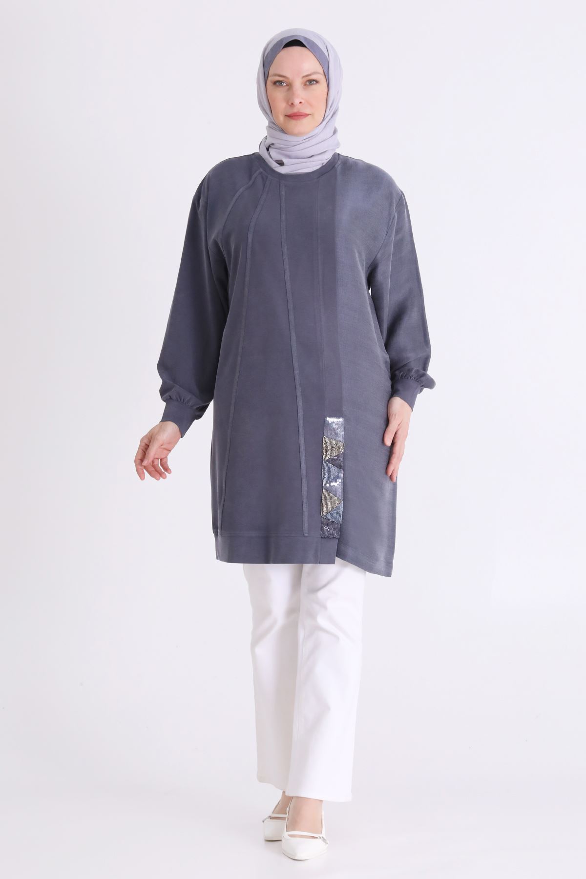 Behrem İşleme ve Qupra Detaylı Tunik- LYN04565 Lacivert
