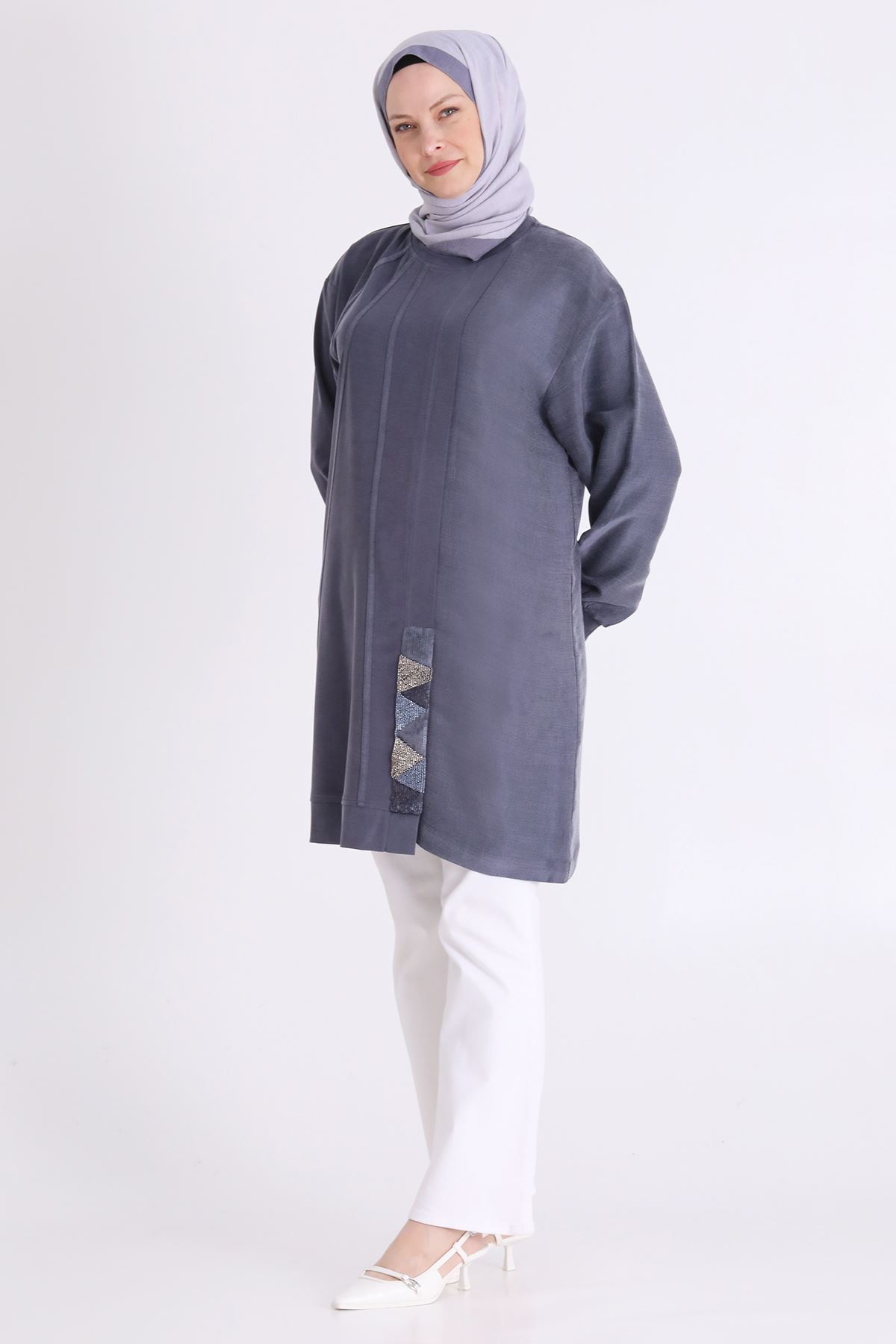 Behrem İşleme ve Qupra Detaylı Tunik- LYN04565 Lacivert