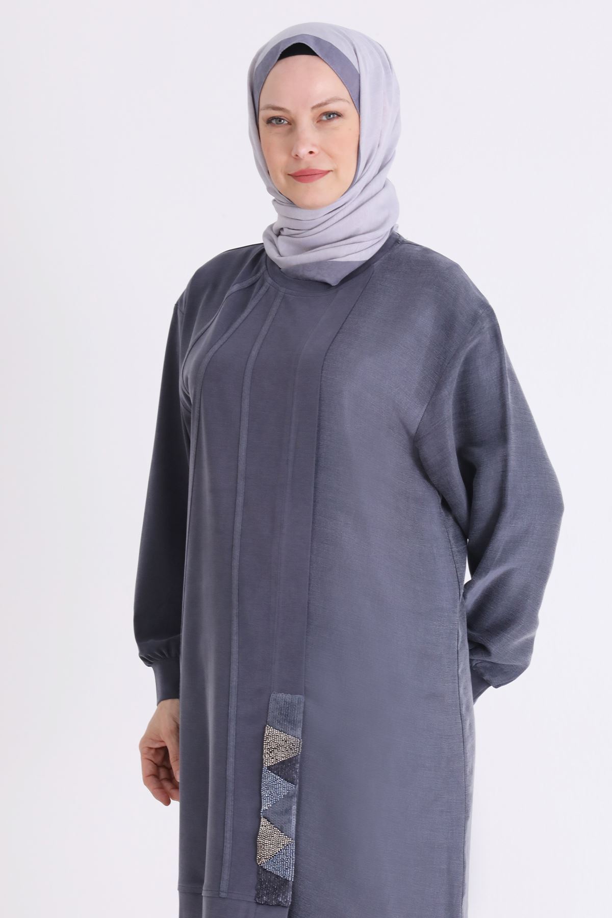 Behrem İşleme ve Qupra Detaylı Tunik- LYN04565 Lacivert