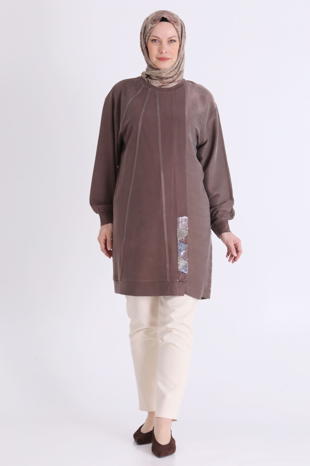 Behrem İşleme ve Qupra Detaylı Tunik- LYN04565 Kahve