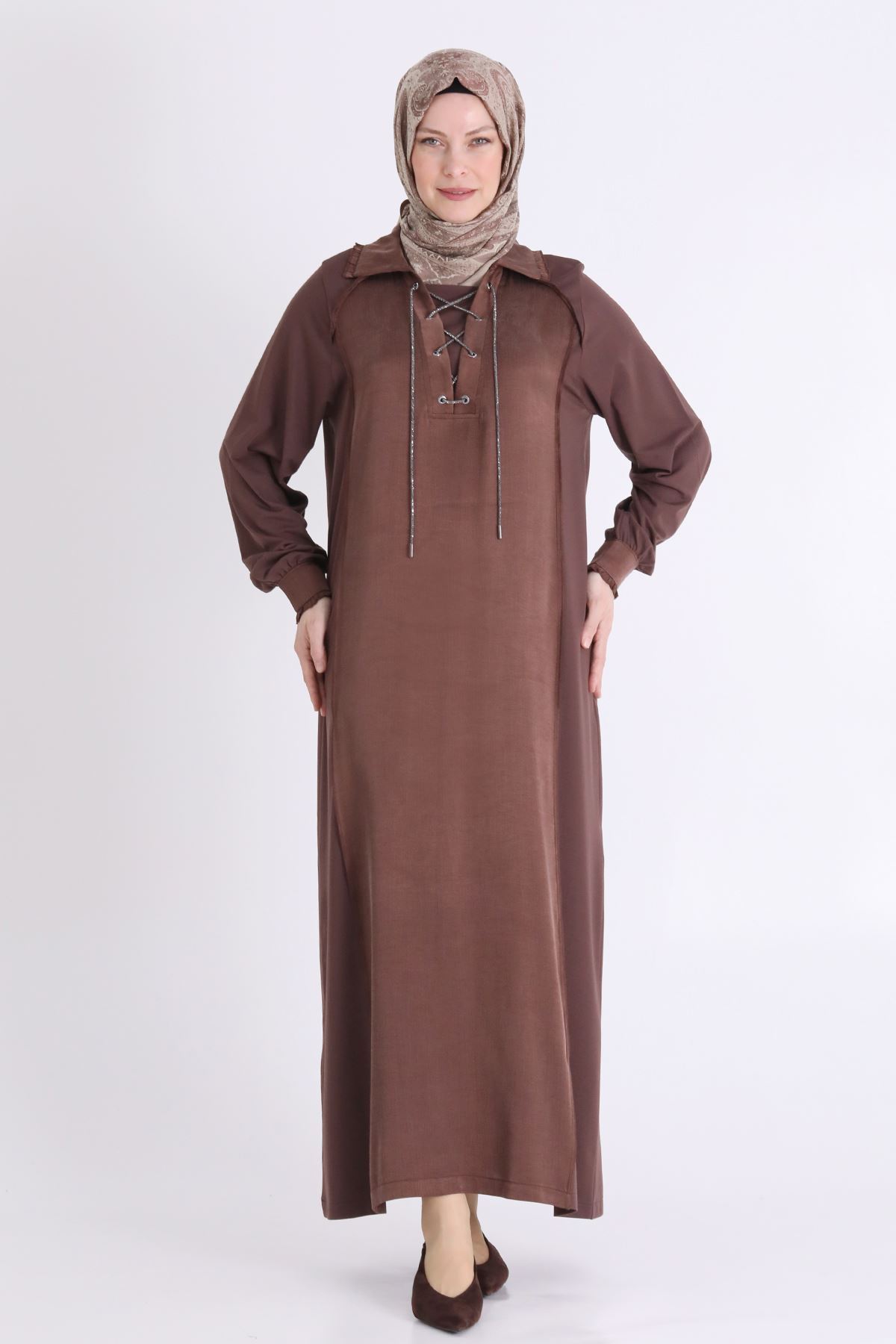 Behrem Önü Taş İpli Qupra Elbise- LYN04568 Kahve