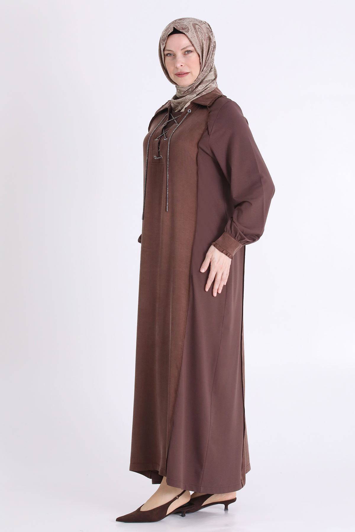 Behrem Önü Taş İpli Qupra Elbise- LYN04568 Kahve