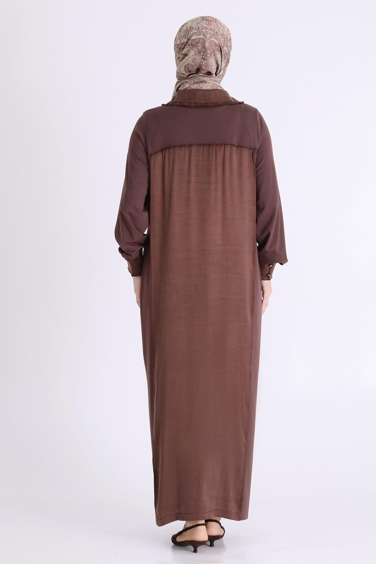 Behrem Önü Taş İpli Qupra Elbise- LYN04568 Kahve