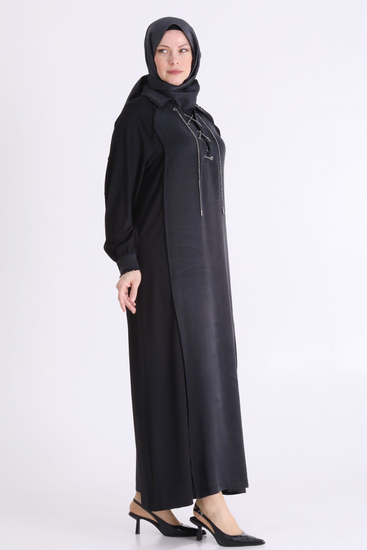 Behrem Önü Taş İpli Qupra Elbise- LYN04568 Siyah