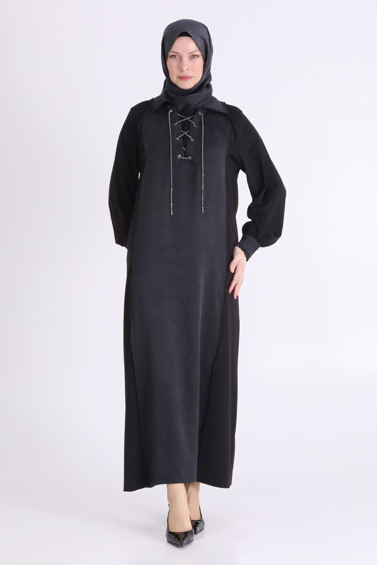 Behrem Önü Taş İpli Qupra Elbise- LYN04568 Siyah