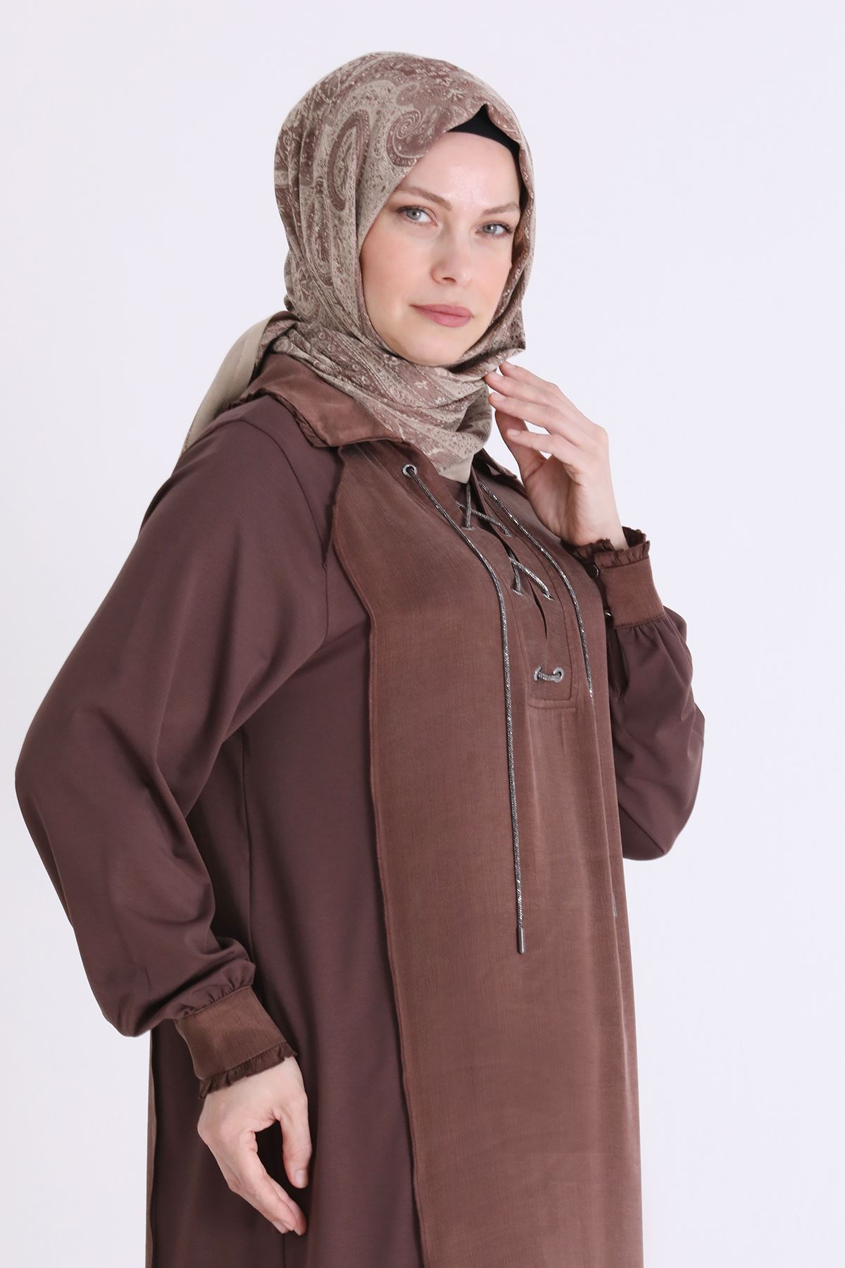 Behrem Önü Taş İpli Qupra Elbise- LYN04568 Kahve