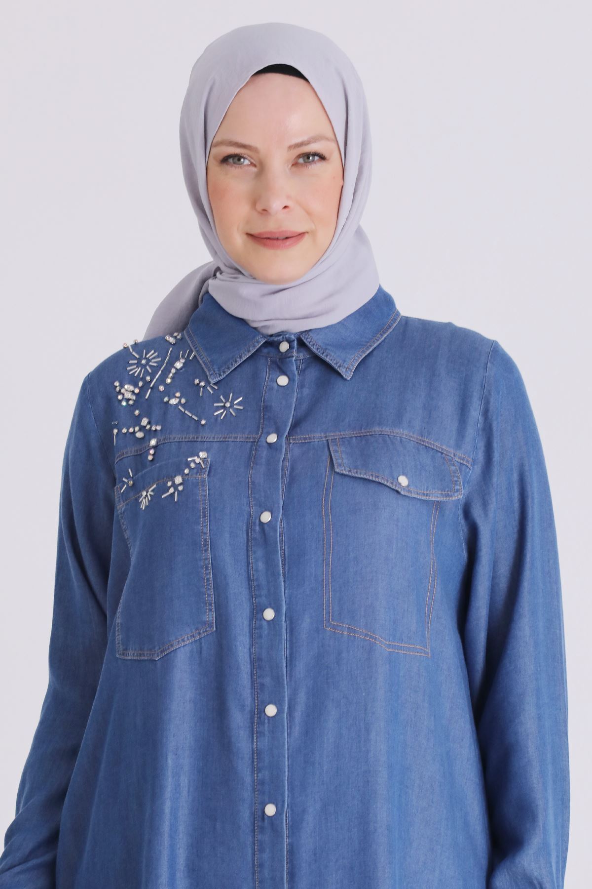 Behrem İşlemeli Tensel Tunik- LYN04567 Koyu Mavi