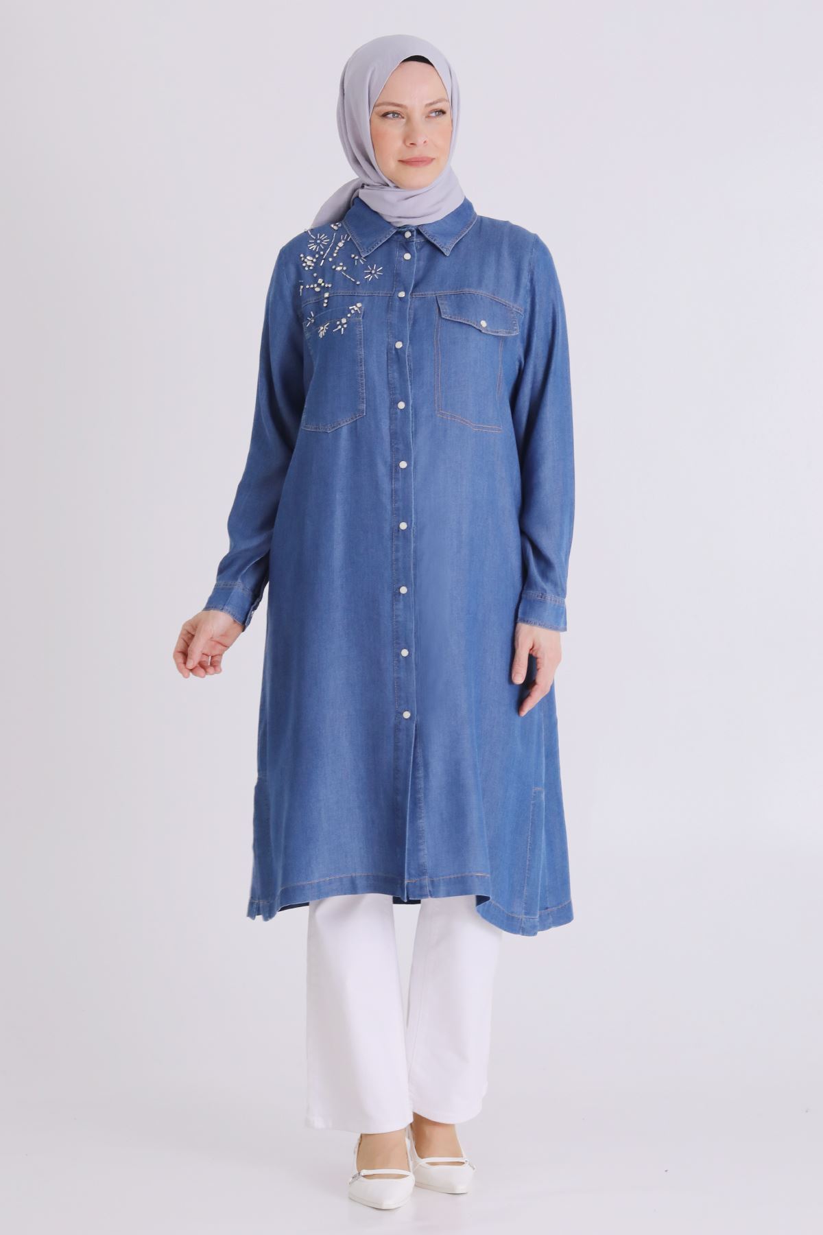 Behrem İşlemeli Tensel Tunik- LYN04567 Koyu Mavi