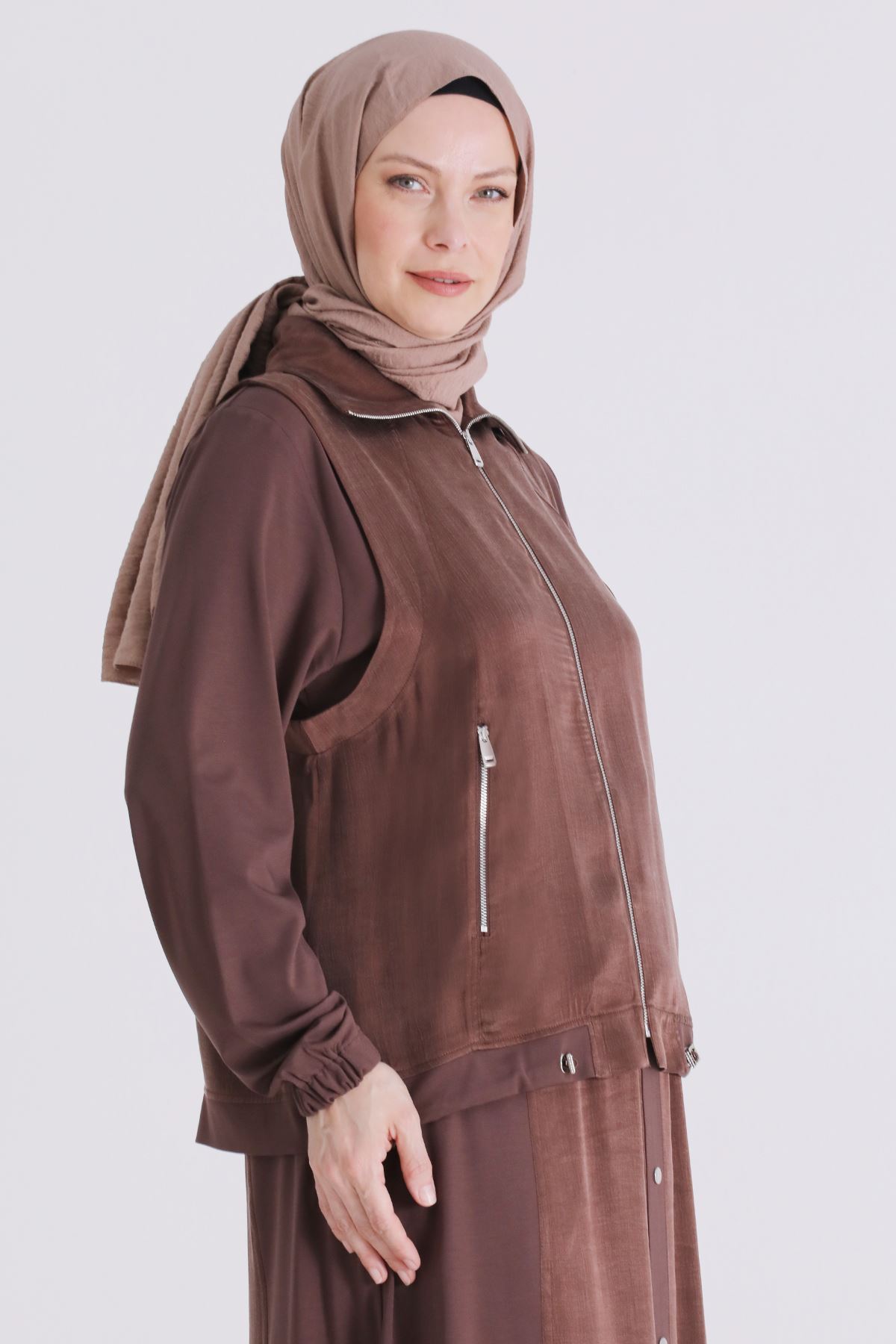 Behrem Paraşüt Detaylı Etekli Takım-LYN04569 Kahve