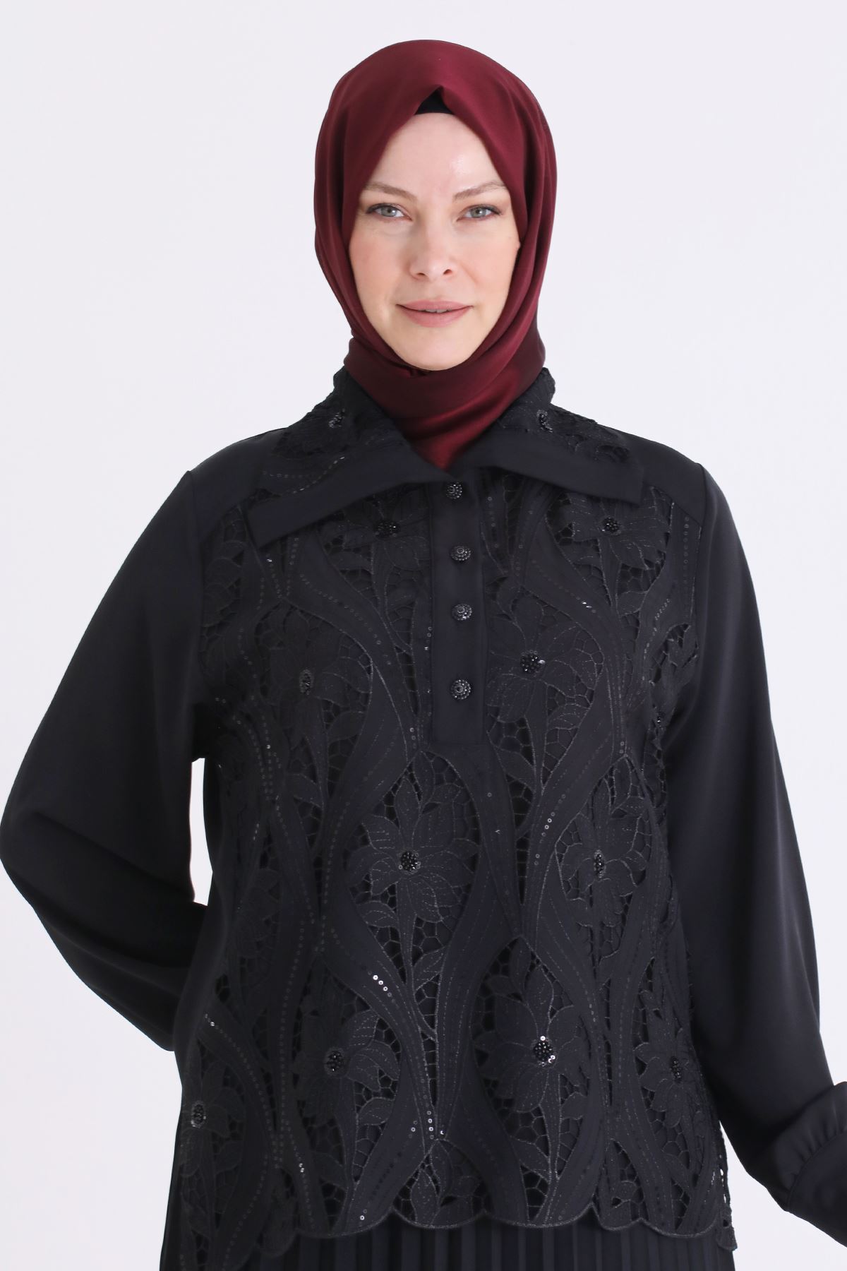 Behrem İşlemeli Etekli Takım- LYN04572 Siyah