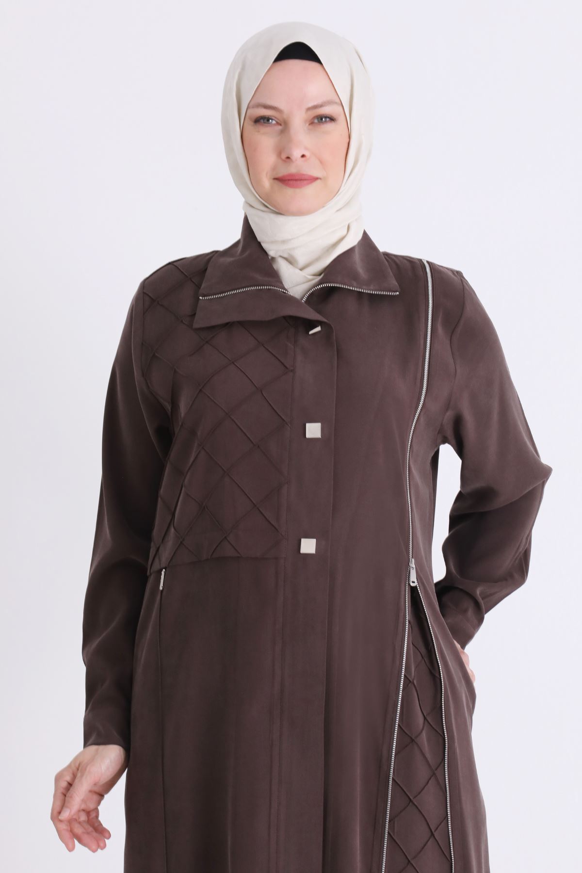 Behrem Fermuar Detaylı Ferace- LYN04575 Kahve