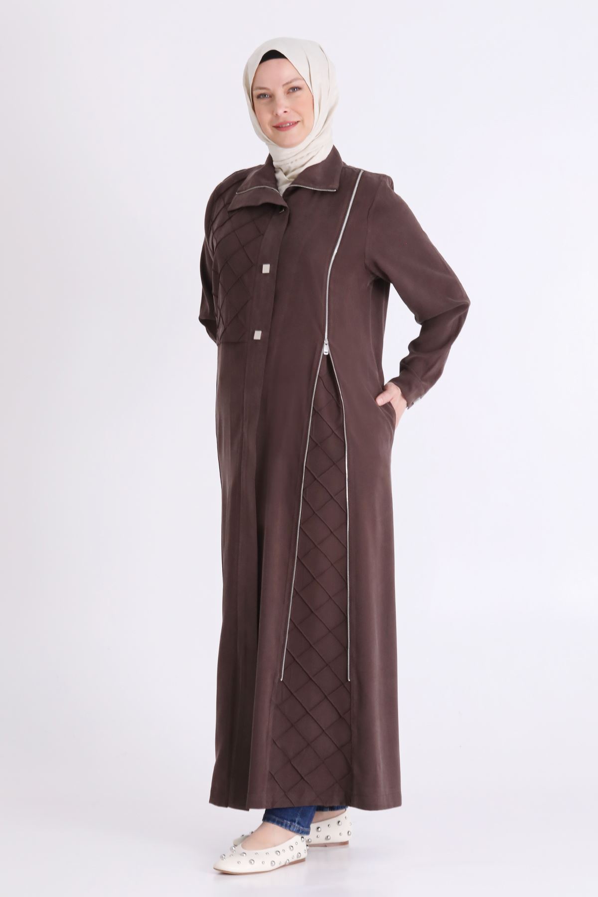 Behrem Fermuar Detaylı Ferace- LYN04575 Kahve